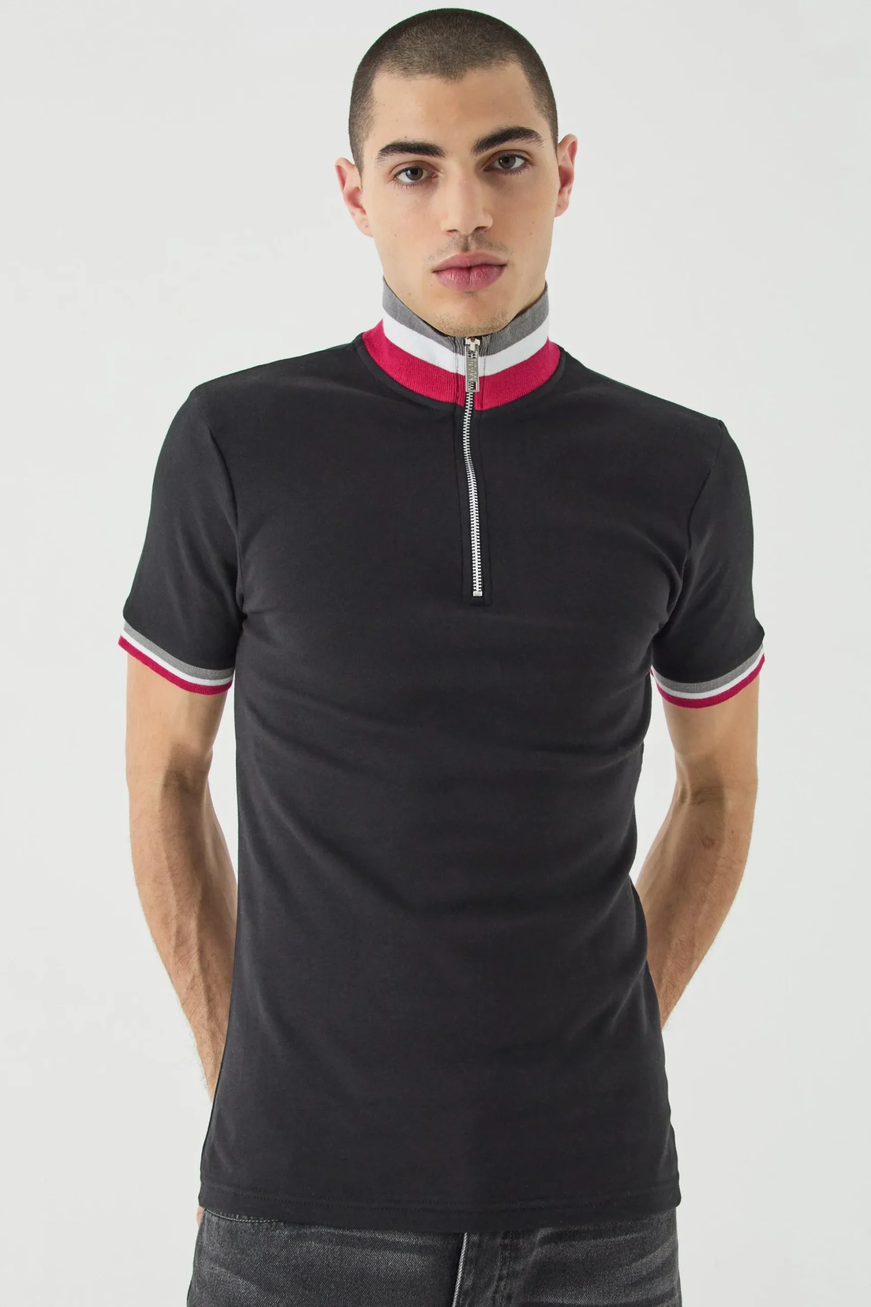 Muscle Fit Funnel Tape Polo | BoohooMAN UK