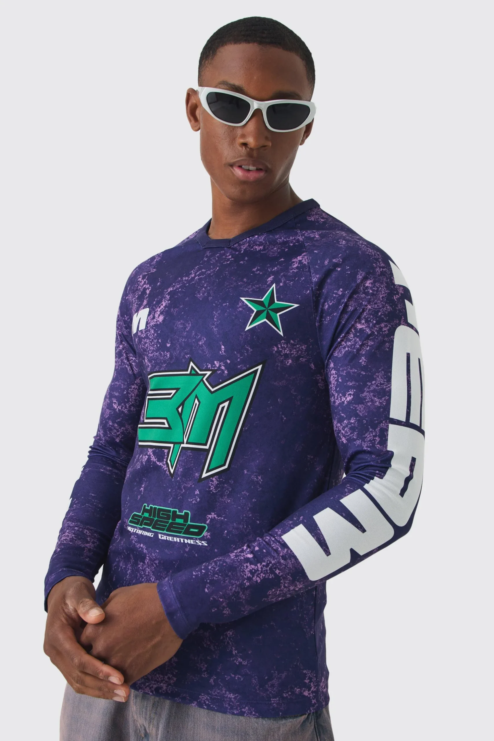 Muscle Fit Motorsport BHM Printed Long Sleeve Top | BoohooMAN UK