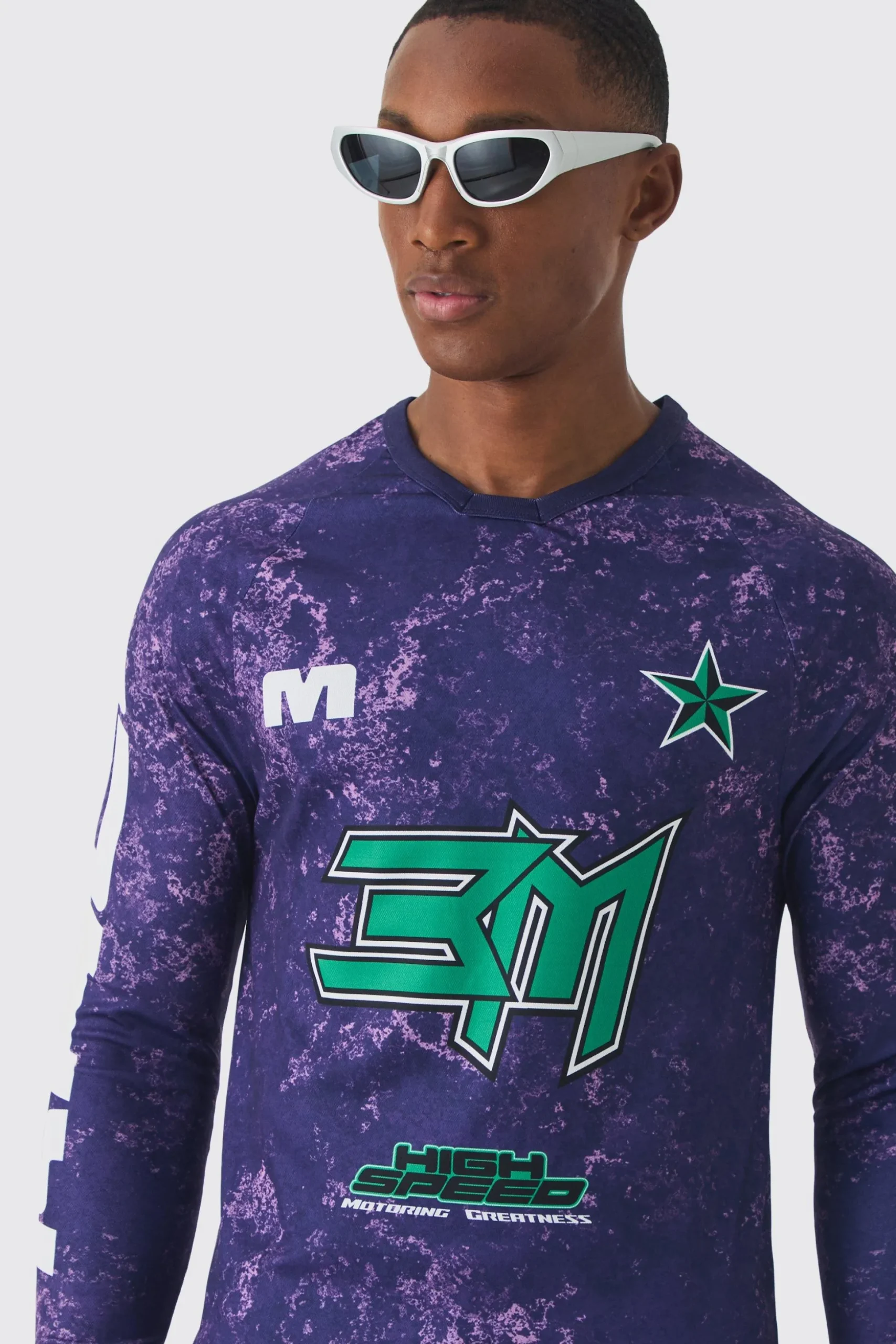 Muscle Fit Motorsport BHM Printed Long Sleeve Top | BoohooMAN UK