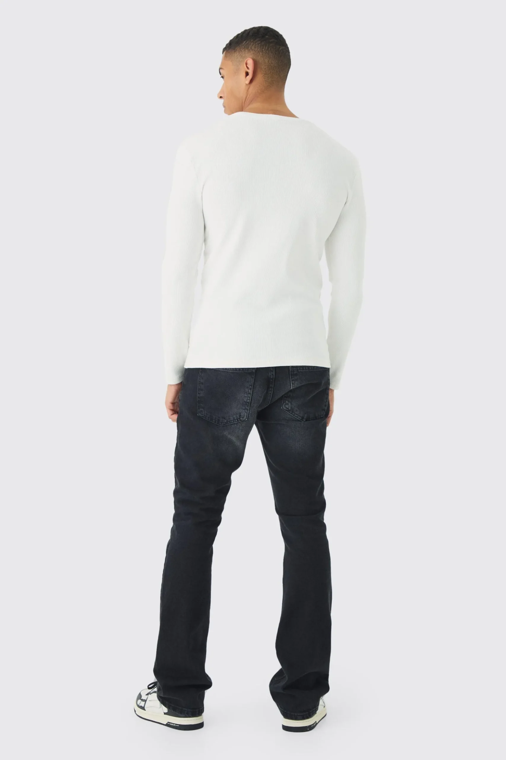 Muscle Fit Washed Rib Long Sleeve Man Embroidered T-shirt | BoohooMAN UK