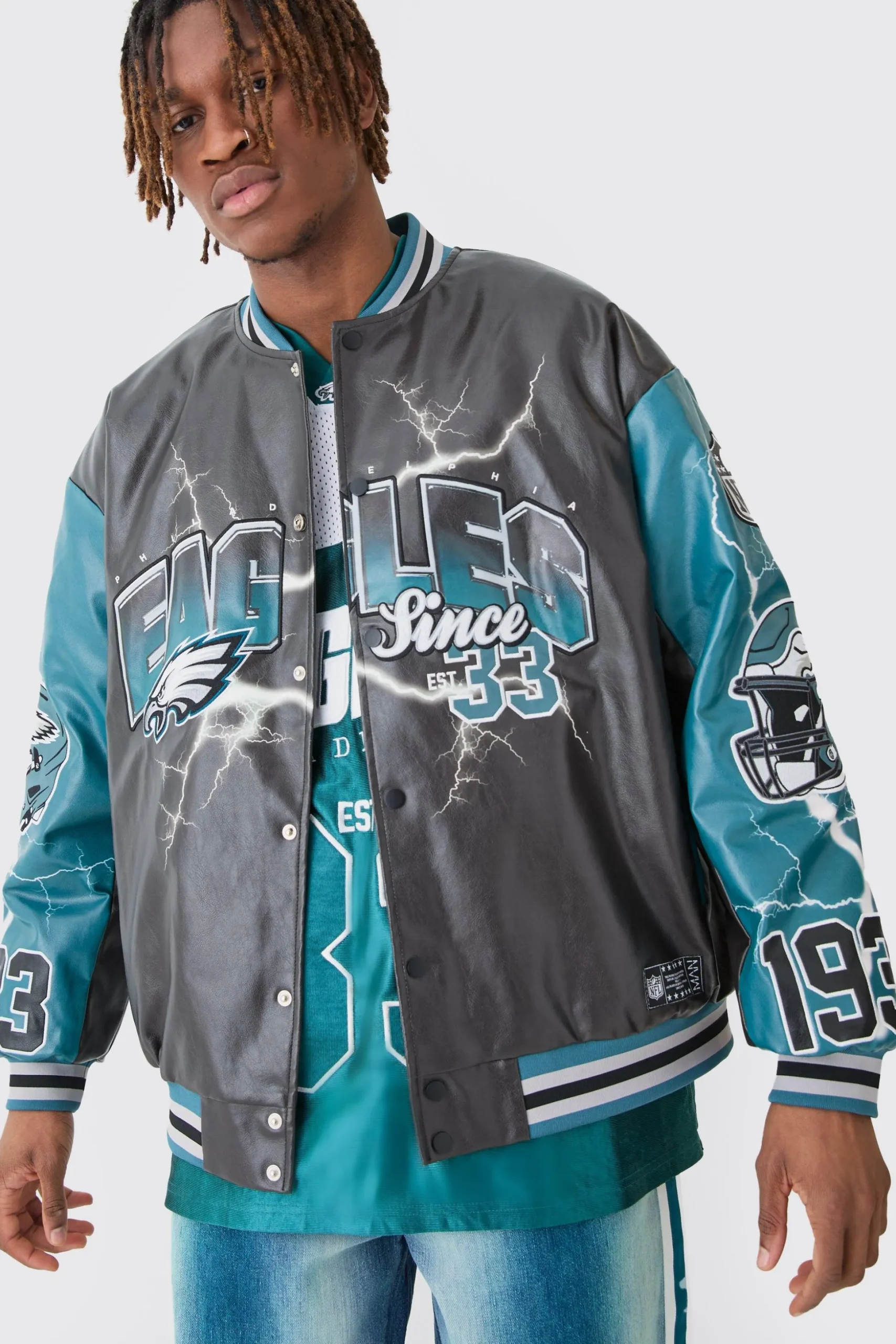 Nfl Eagles Oversized Varsity Pu Applique Jacket | BoohooMAN UK