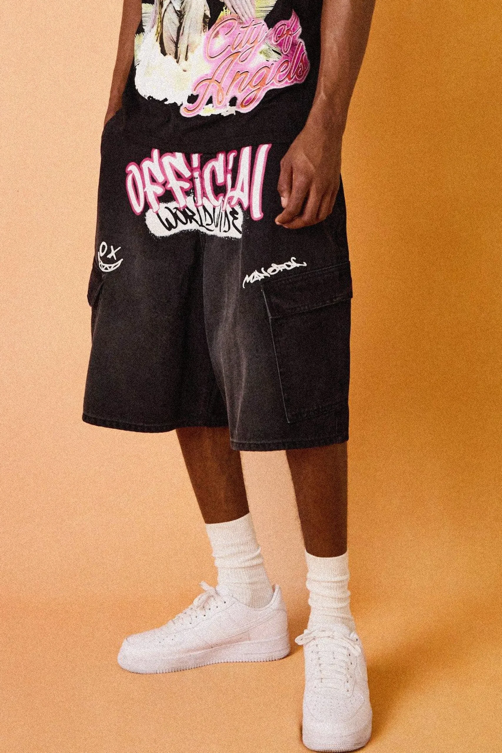 Official Graphic Cargo Pocket Denim Parachute Jorts In Black | BoohooMAN UK