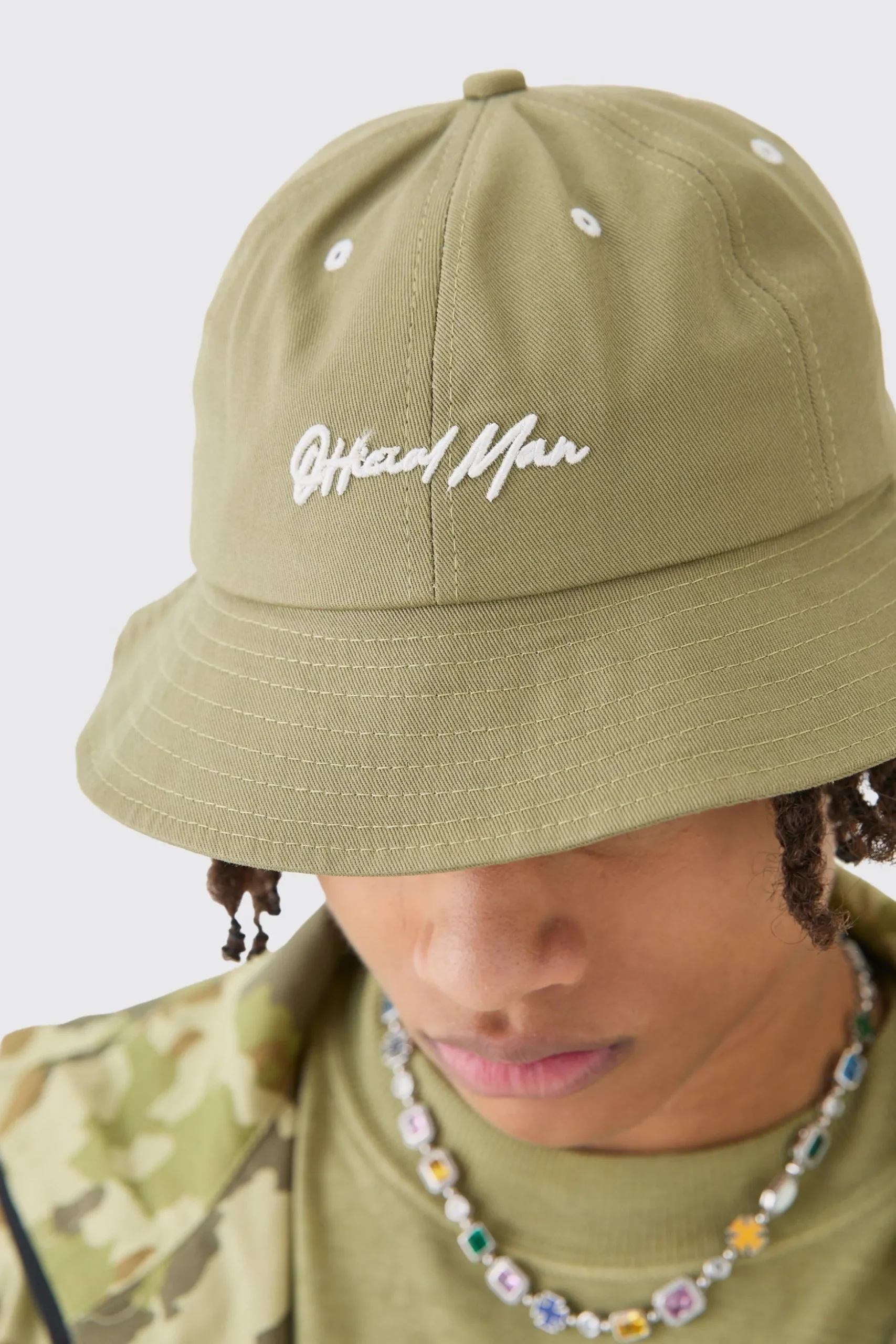 Official Man Embroidered Bucket Hat In Khaki | BoohooMAN UK