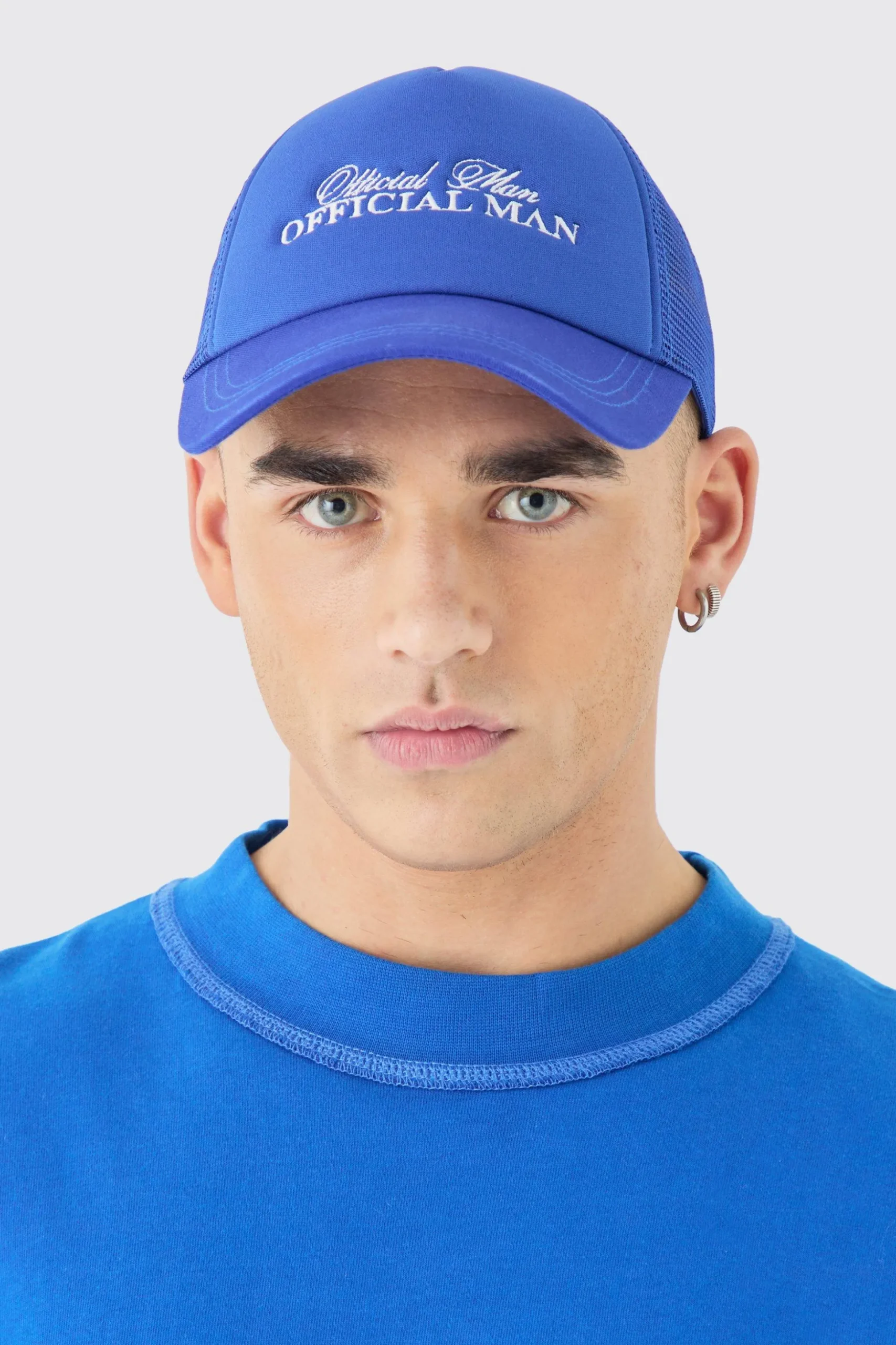 Official Man Embroidered Foam Cap With Mesh Panels In Blue | BoohooMAN UK