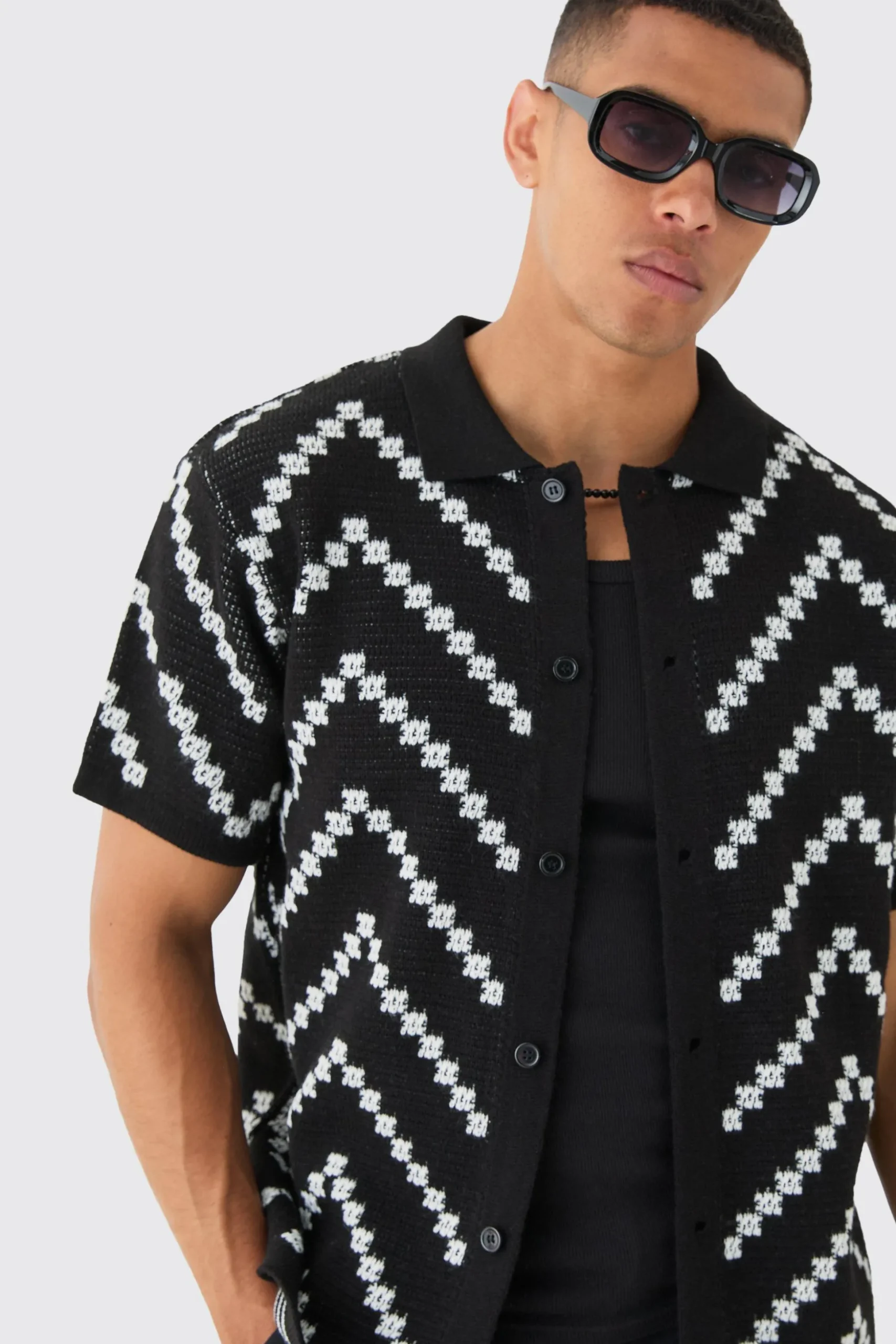 Open Knit Stripe Shirt In Black | BoohooMAN UK