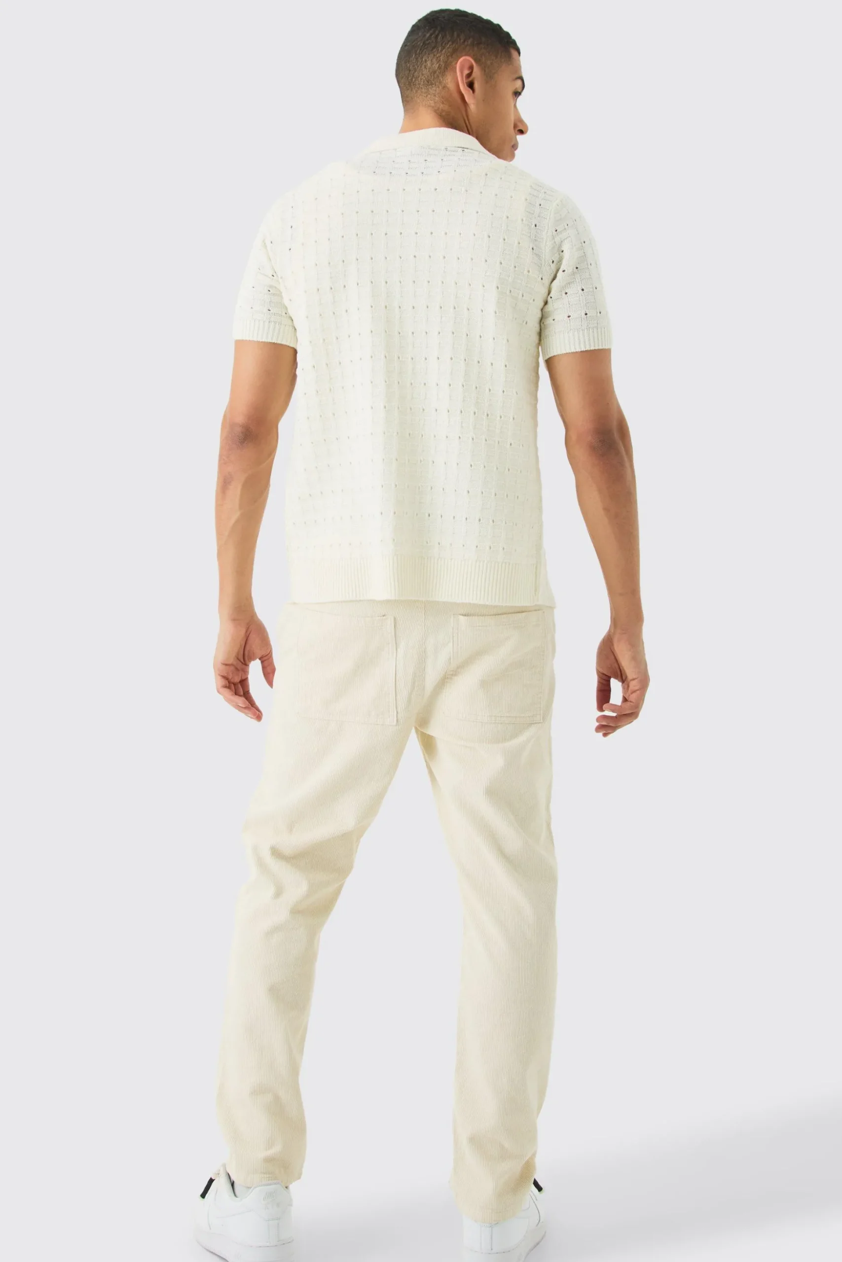 Open Stitch Button Down Knitted Shirt In Cream | BoohooMAN UK