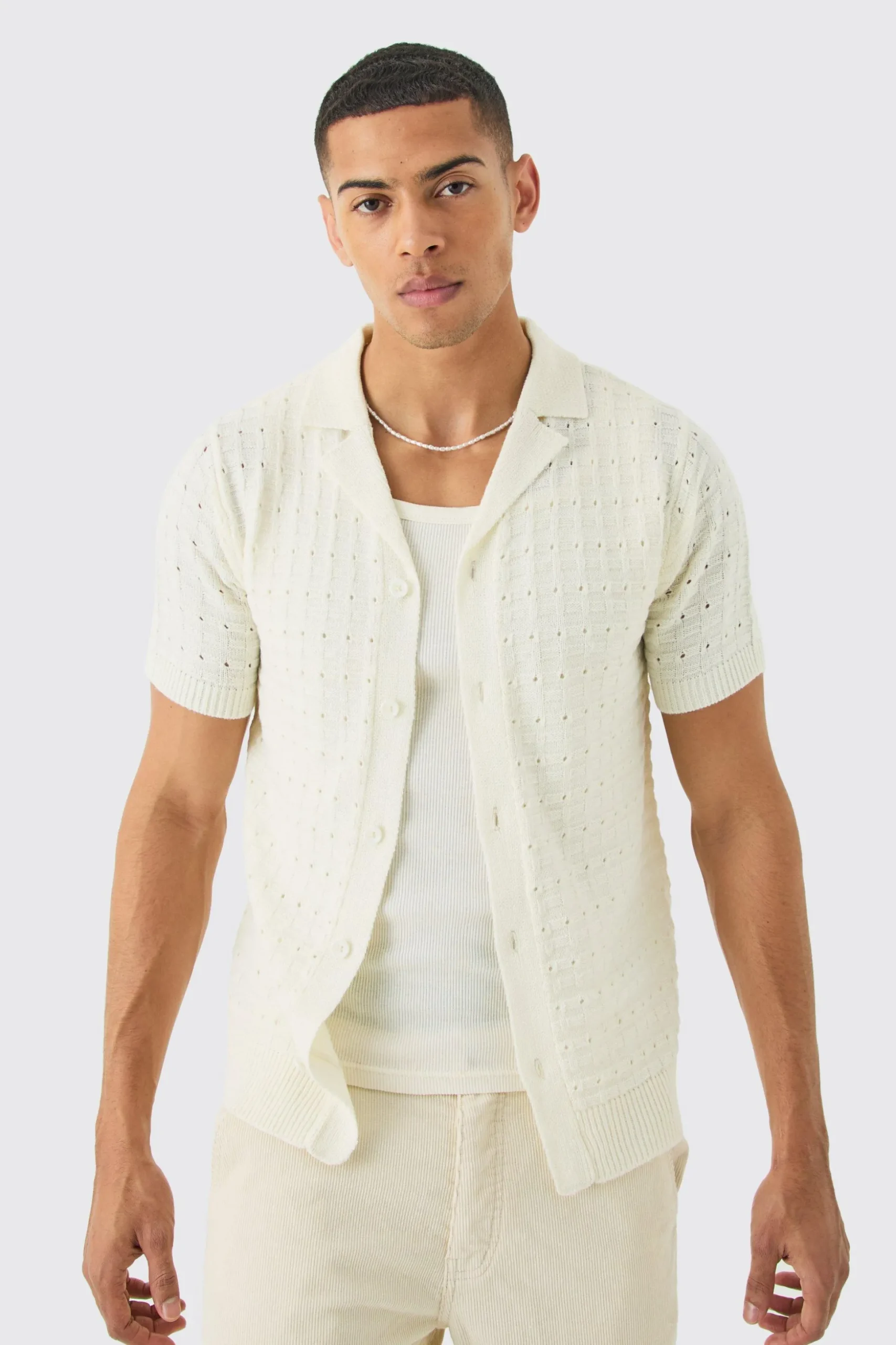 Open Stitch Button Down Knitted Shirt In Cream | BoohooMAN UK