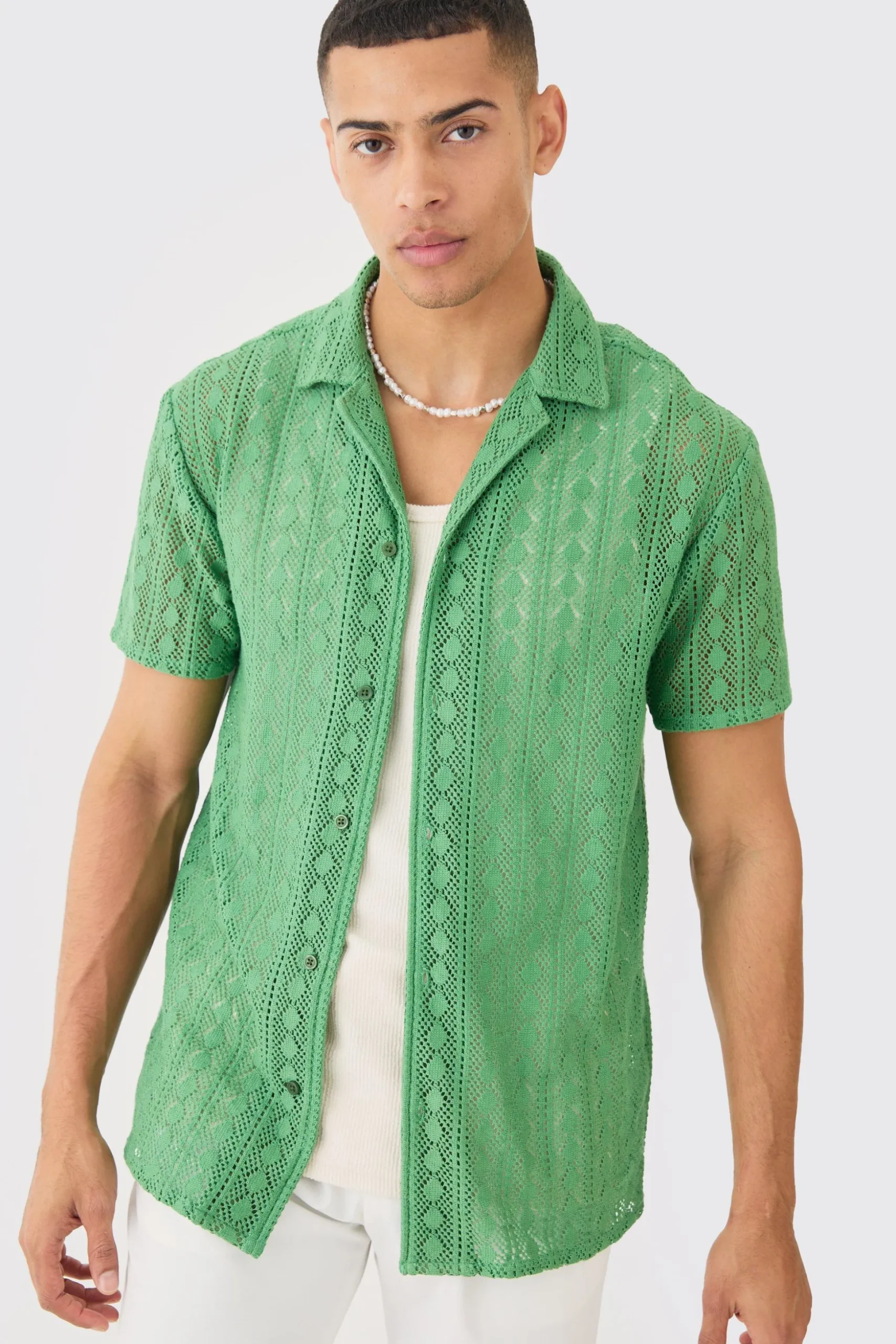 Open Stitch Diamond Shirt | BoohooMAN UK