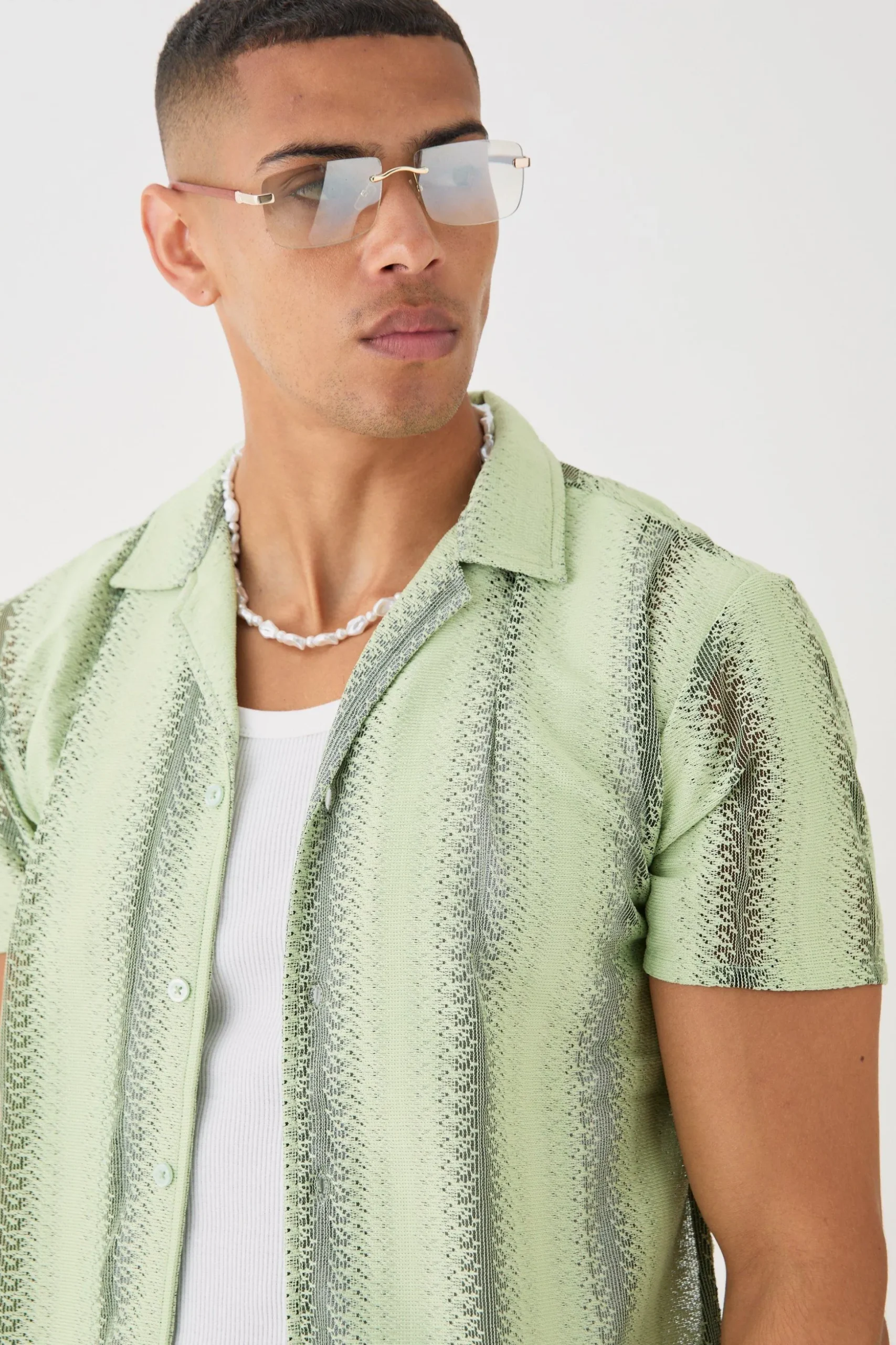 Open Stitch Sheer Stripe Shirt | BoohooMAN UK
