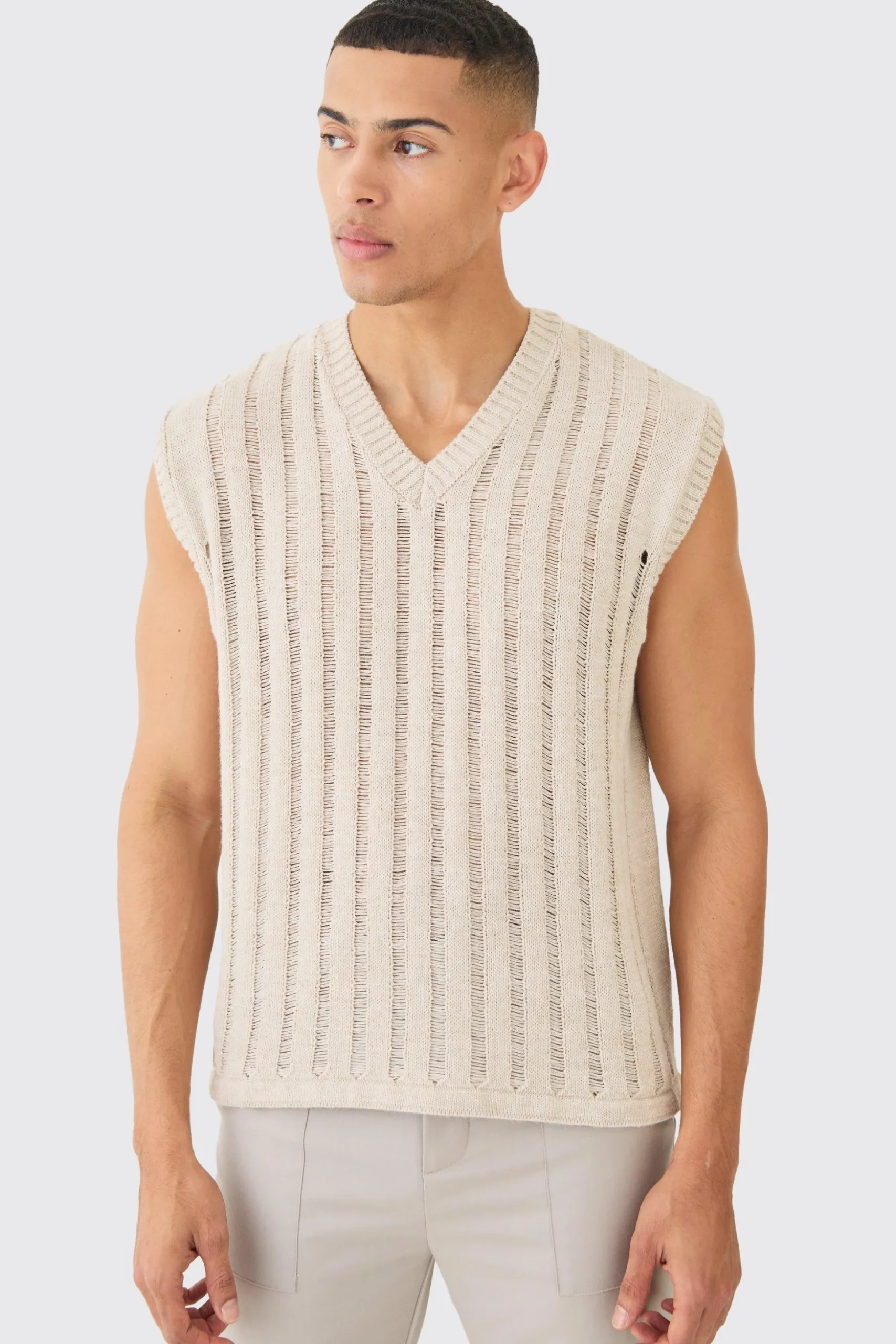 Open Stitch Vest In Stone | BoohooMAN UK