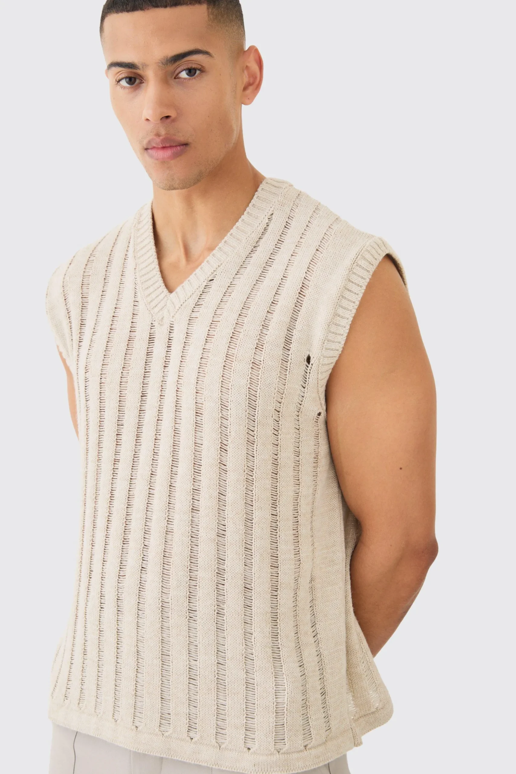 Open Stitch Vest In Stone | BoohooMAN UK