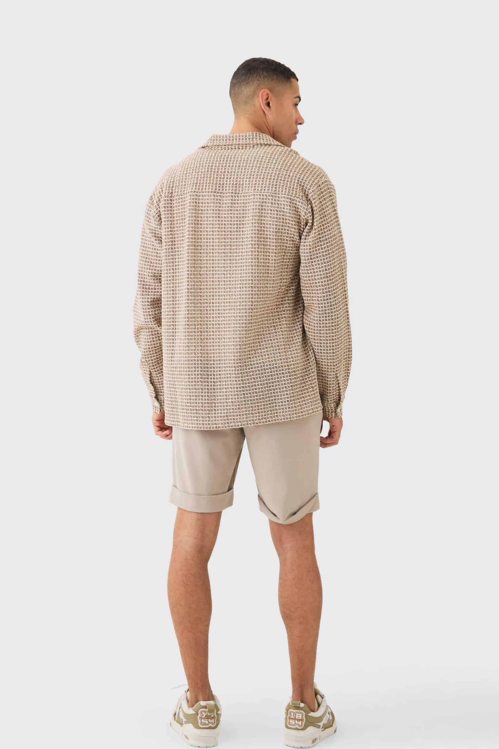 Open Weave Long Sleeve Oversized Shirt | BoohooMAN UK