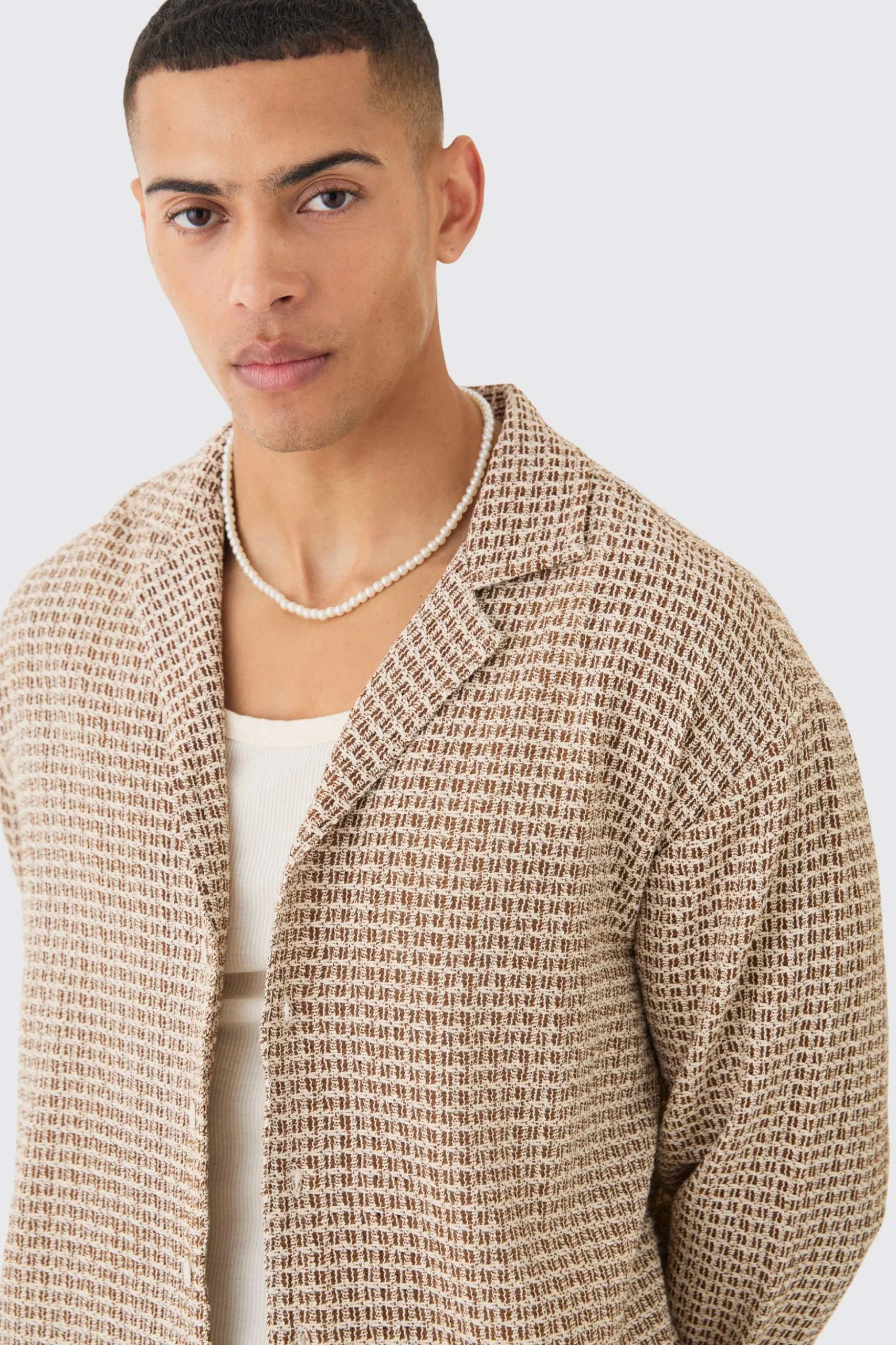 Open Weave Long Sleeve Oversized Shirt | BoohooMAN UK