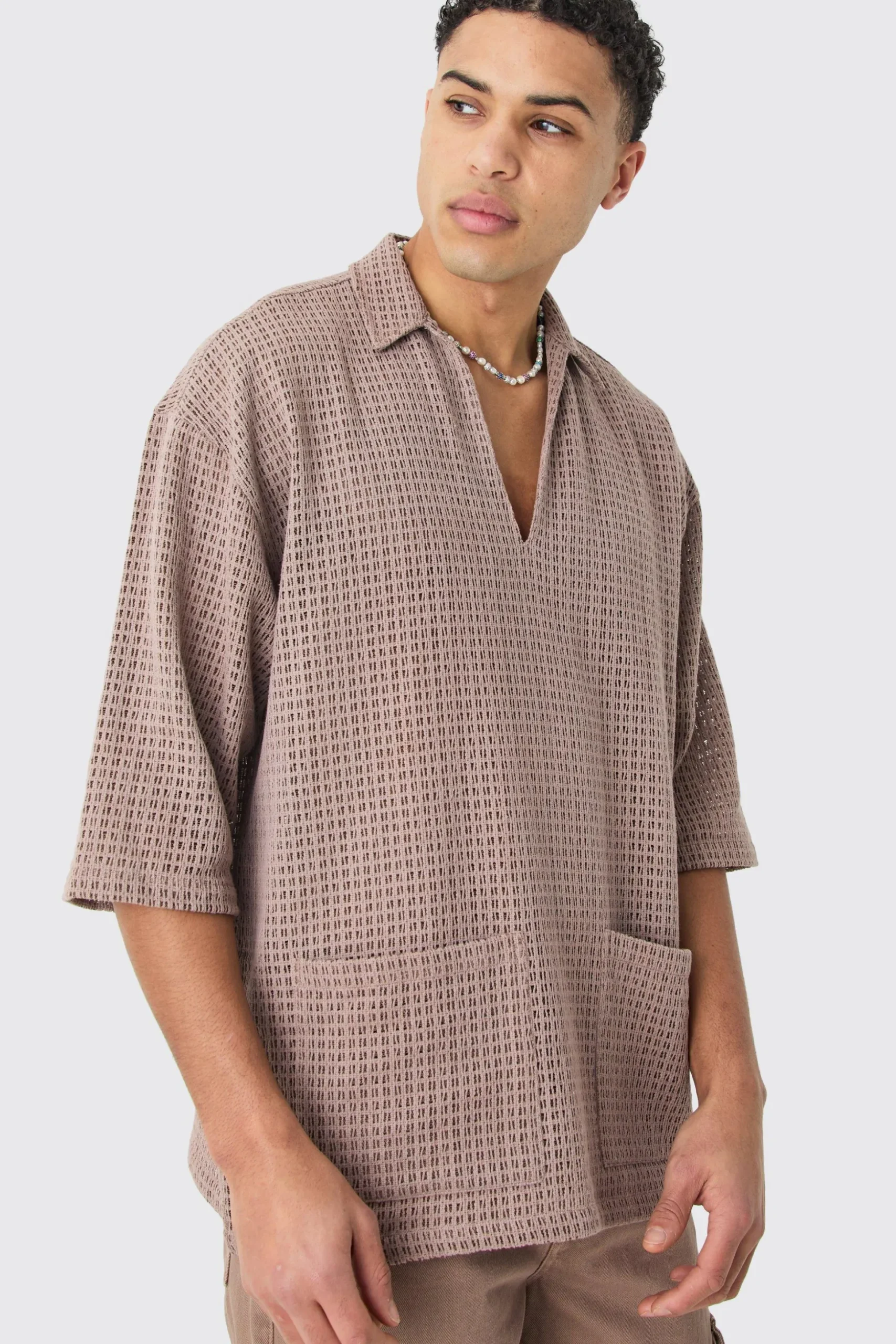 Open Weave Overhead V Neck Shirt | BoohooMAN UK