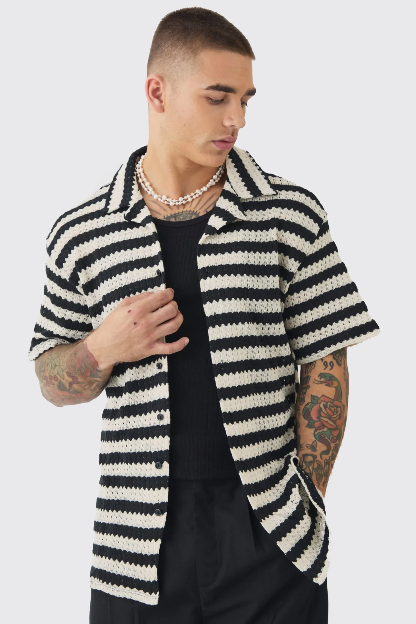 Open Weave Oversized Striped Shirt | BoohooMAN UK