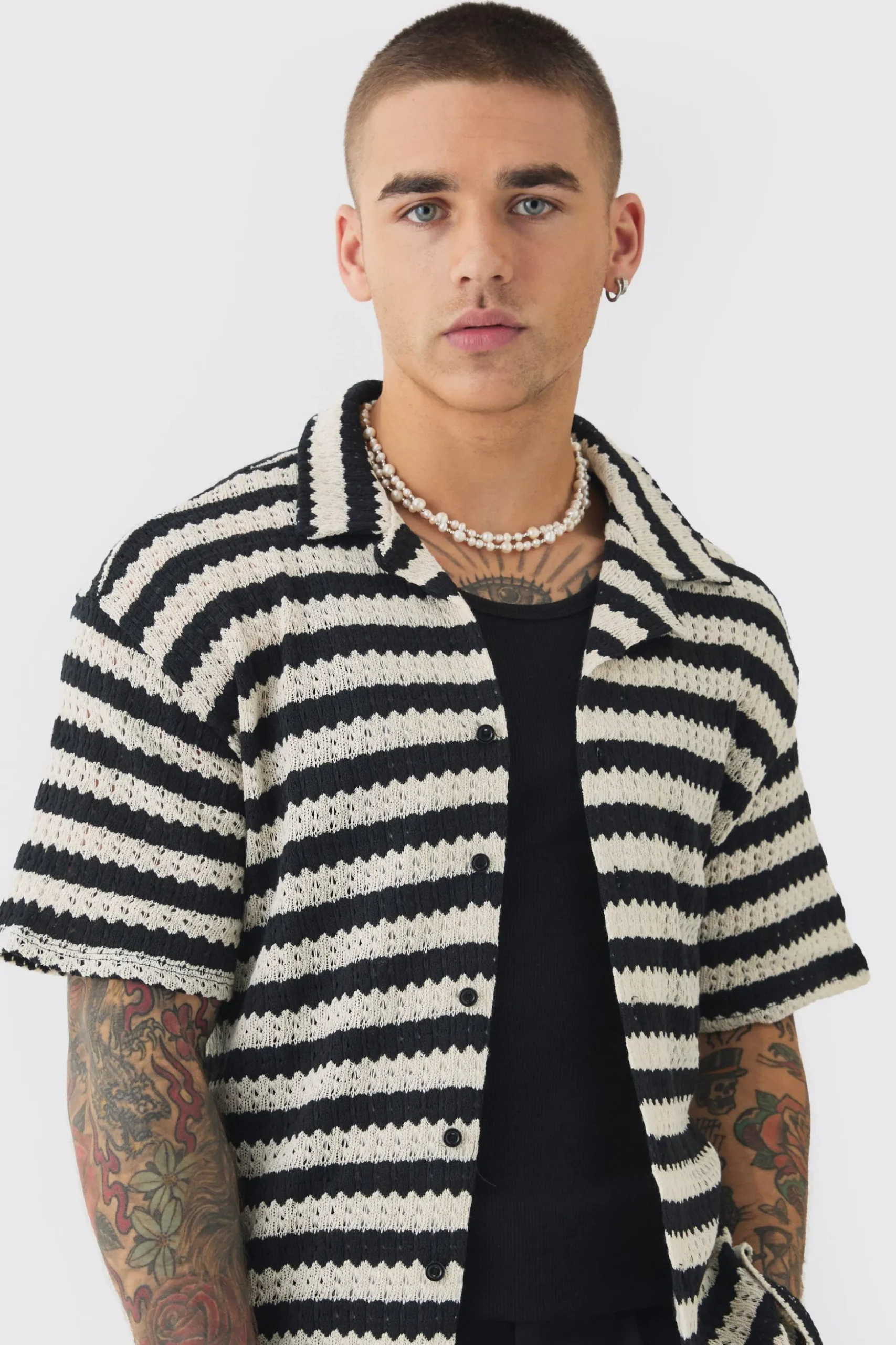 Open Weave Oversized Striped Shirt | BoohooMAN UK