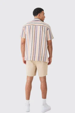 Open Weave Striped Pocket Oversized Shirt | BoohooMAN UK