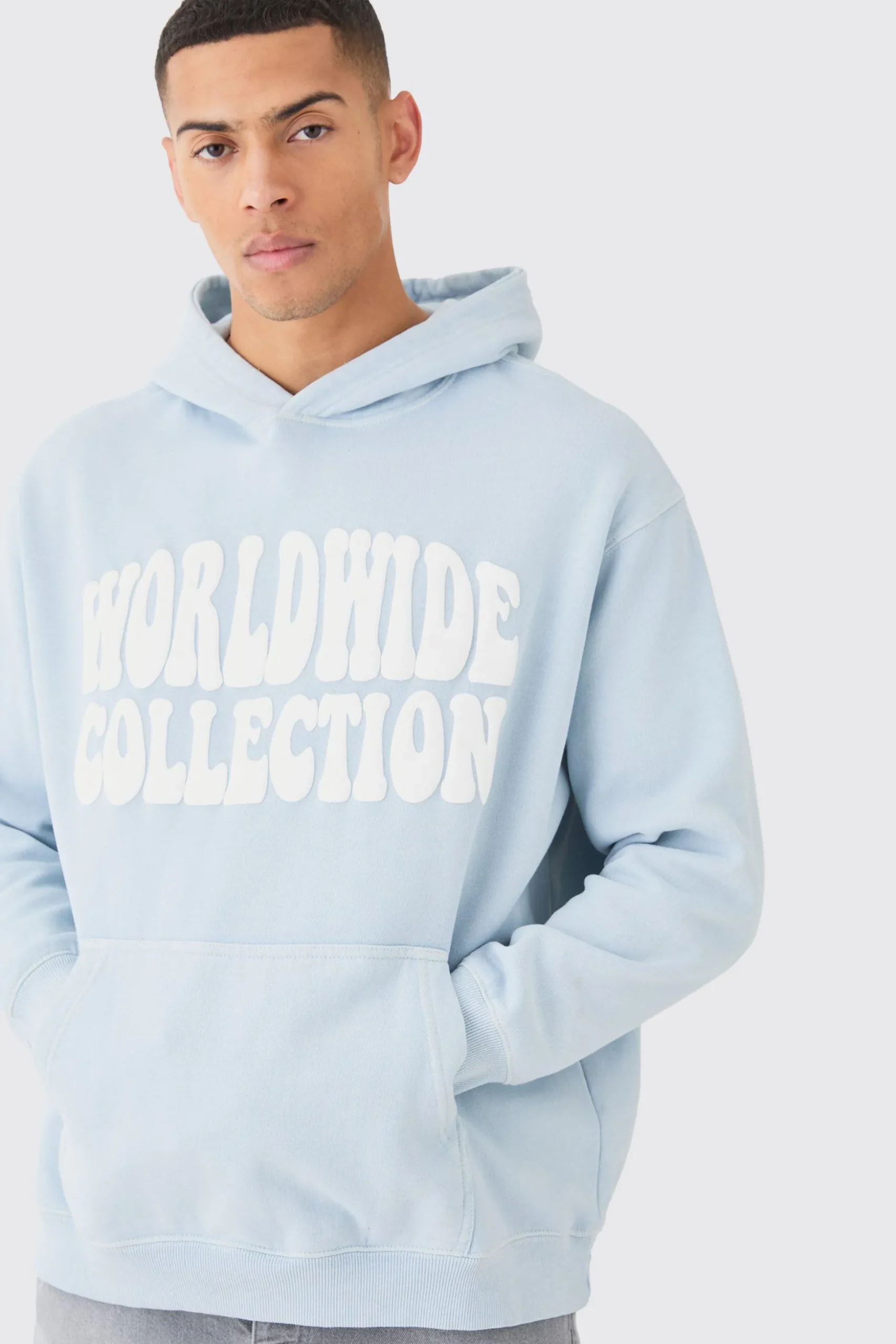 Overdye Worldwide Puff Print Hoodie | BoohooMAN UK