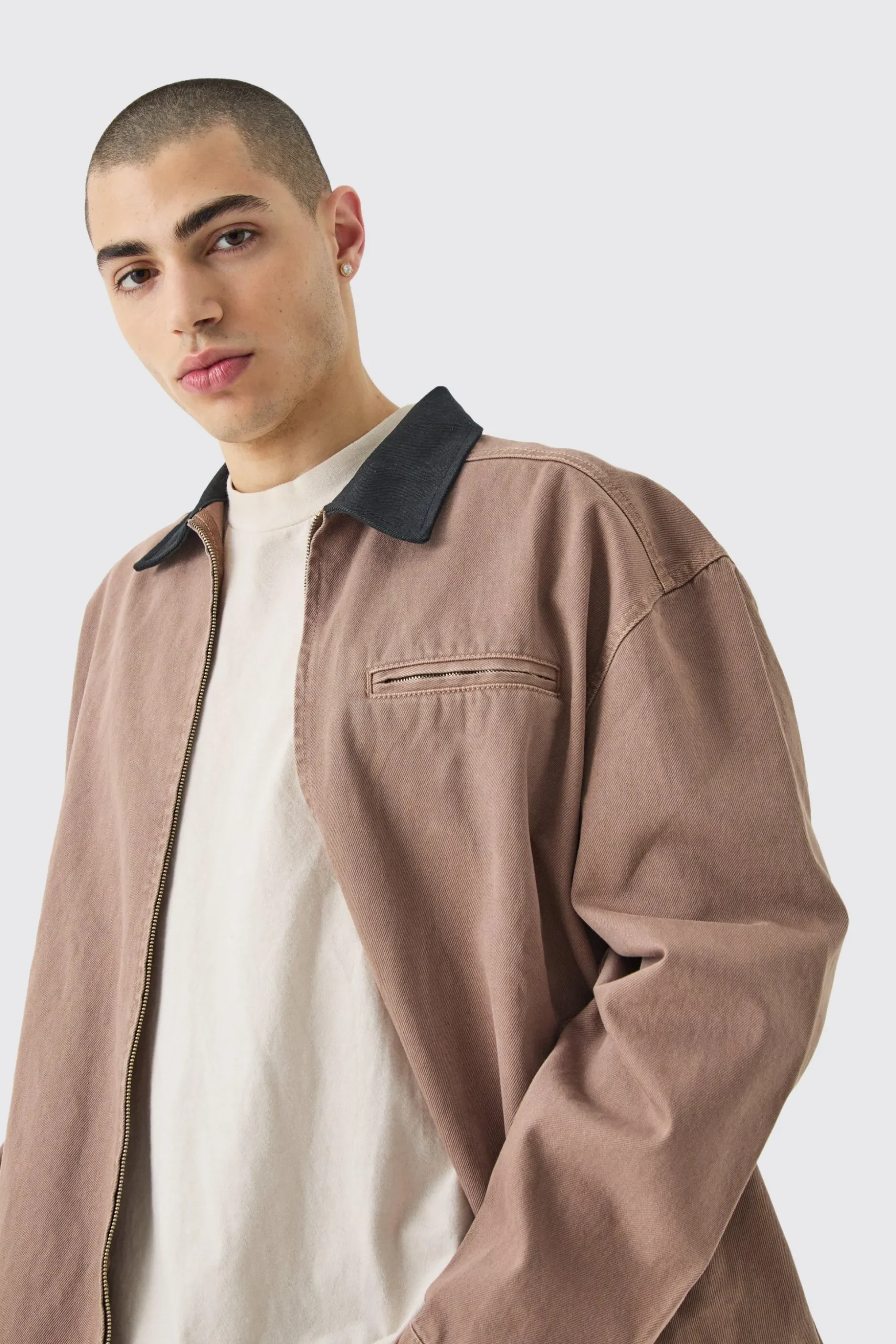 Overdyed Contrast Collar Denim Harrington | BoohooMAN UK