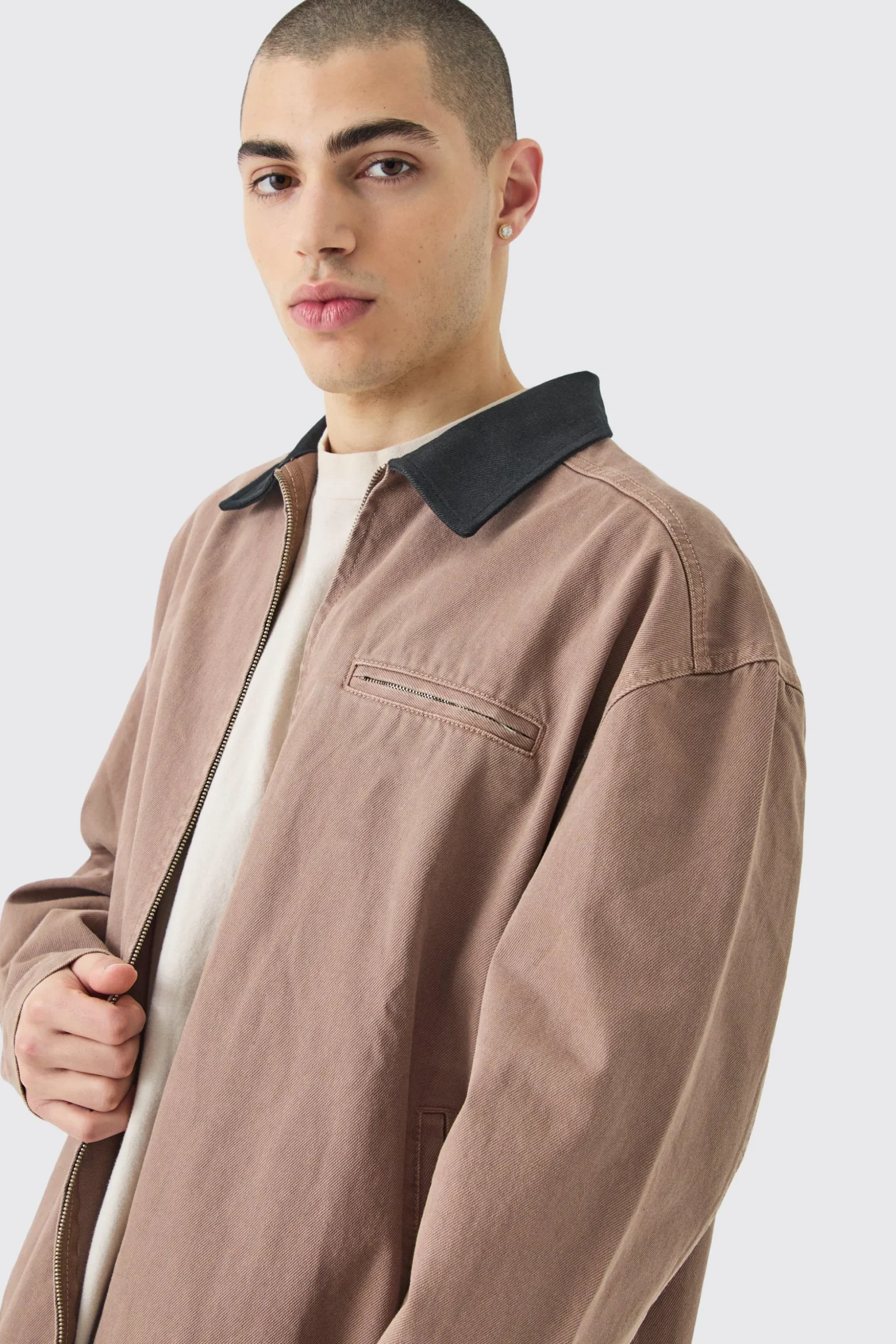 Overdyed Contrast Collar Denim Harrington | BoohooMAN UK