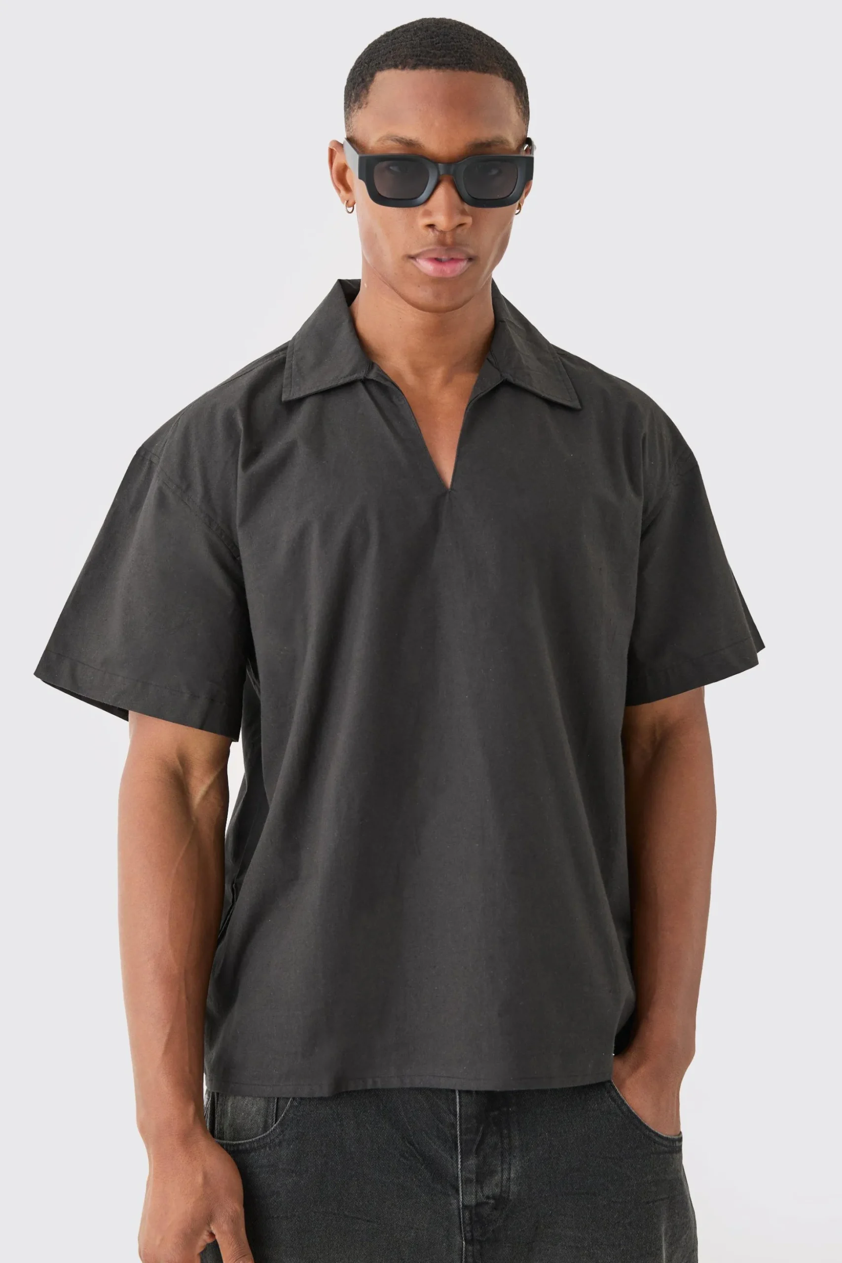 Overhead V Neck Dropped Shoulder Shirt | BoohooMAN UK