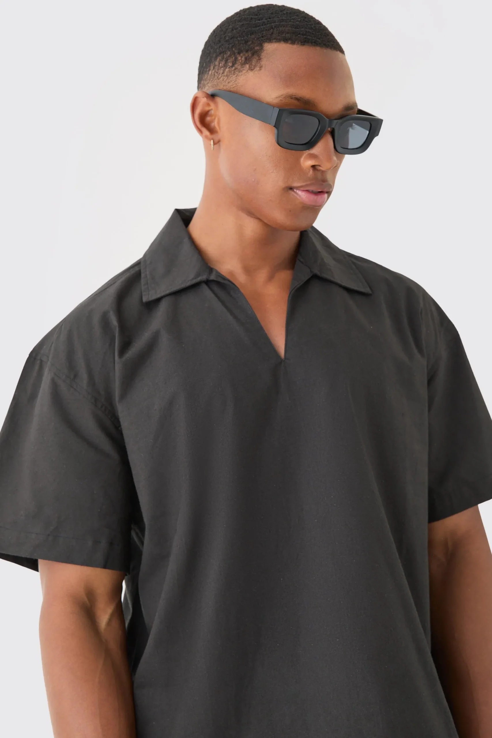 Overhead V Neck Dropped Shoulder Shirt | BoohooMAN UK