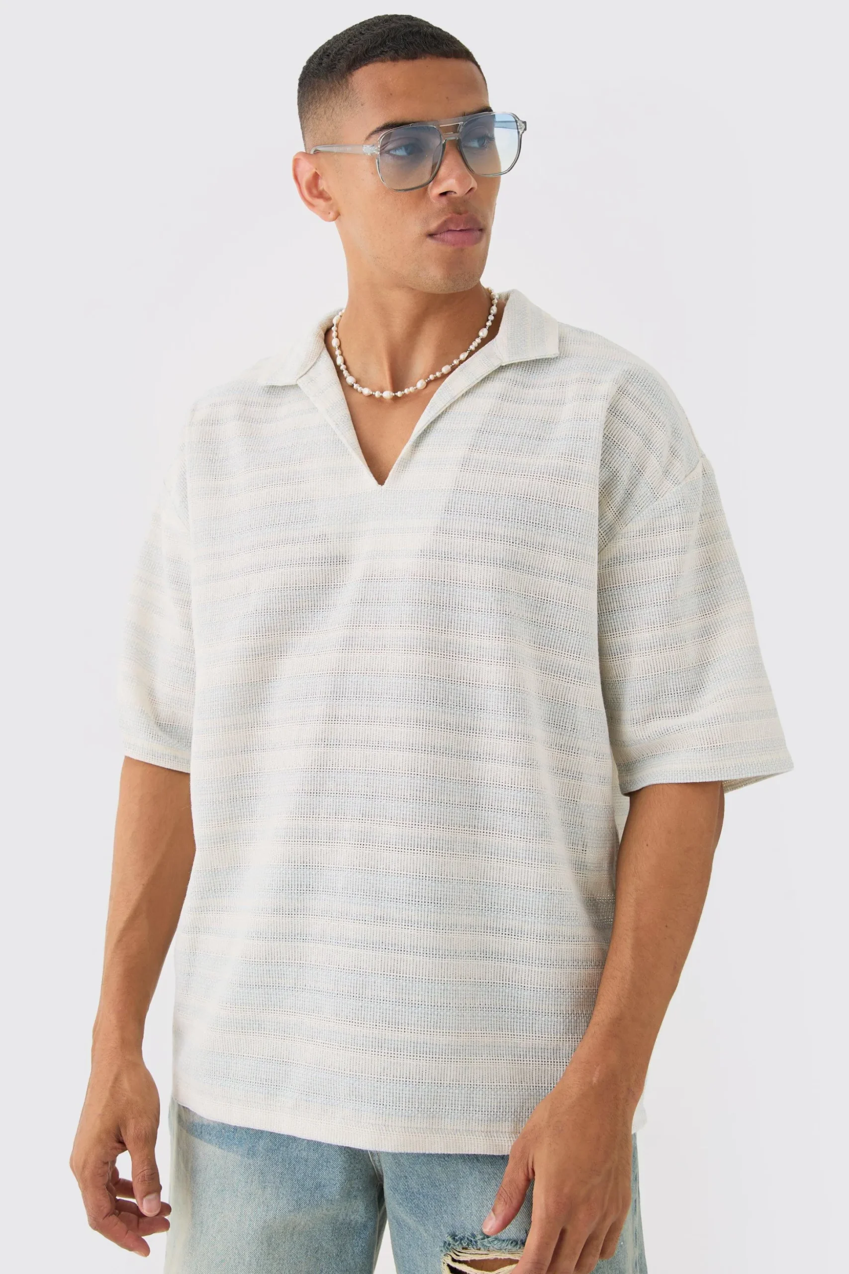 Overhead V Neck Woven Stripe Shirt | BoohooMAN UK