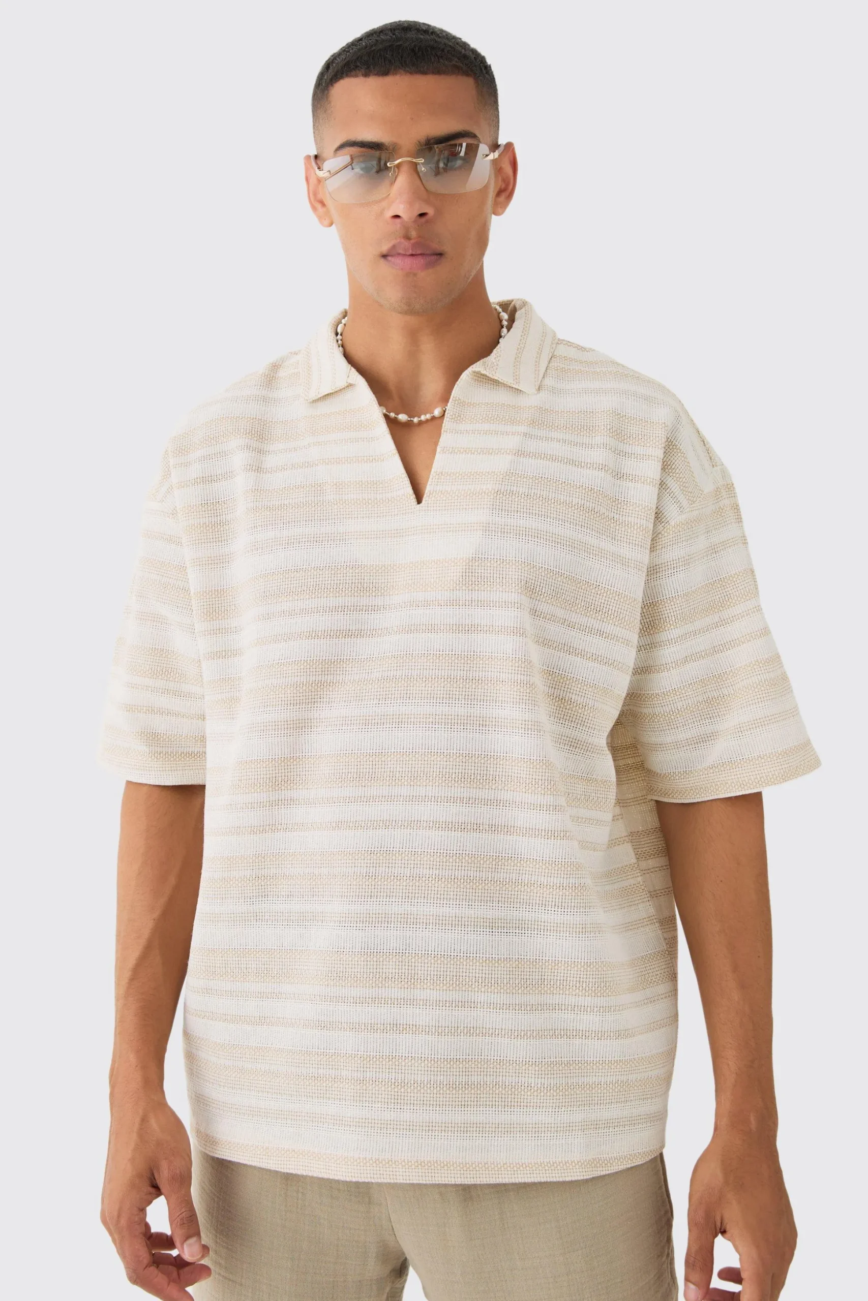 Overhead V Neck Woven Stripe Shirt | BoohooMAN UK