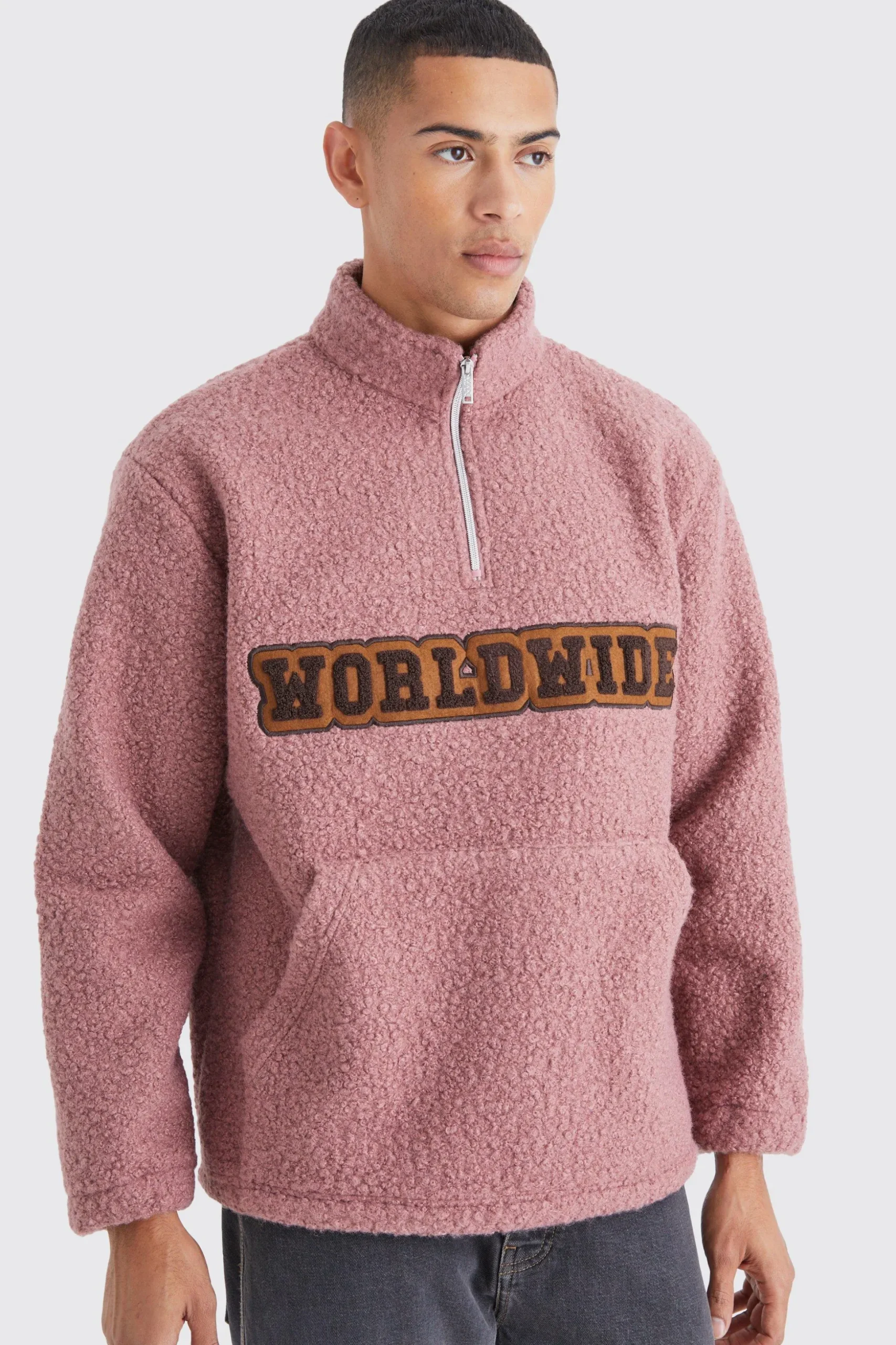 Oversized 1/4 Zip Boucle Applique Sweatshirt | BoohooMAN UK
