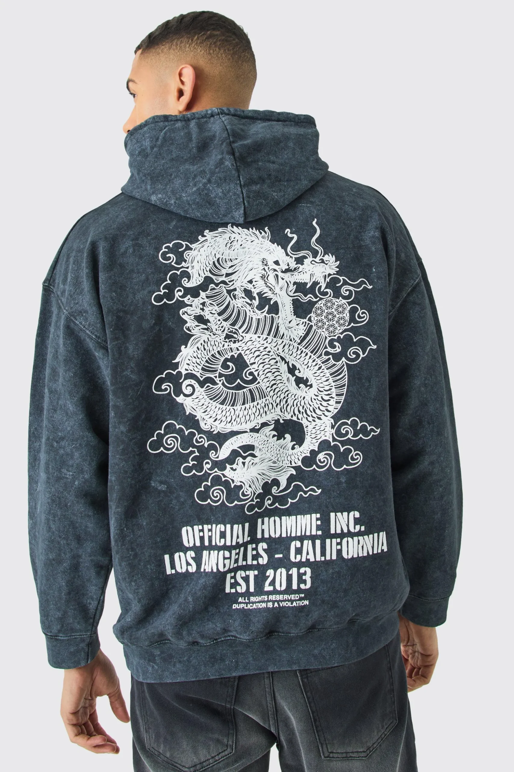 Oversized Acid Wash Dragon Graphic Hoodie | BoohooMAN UK