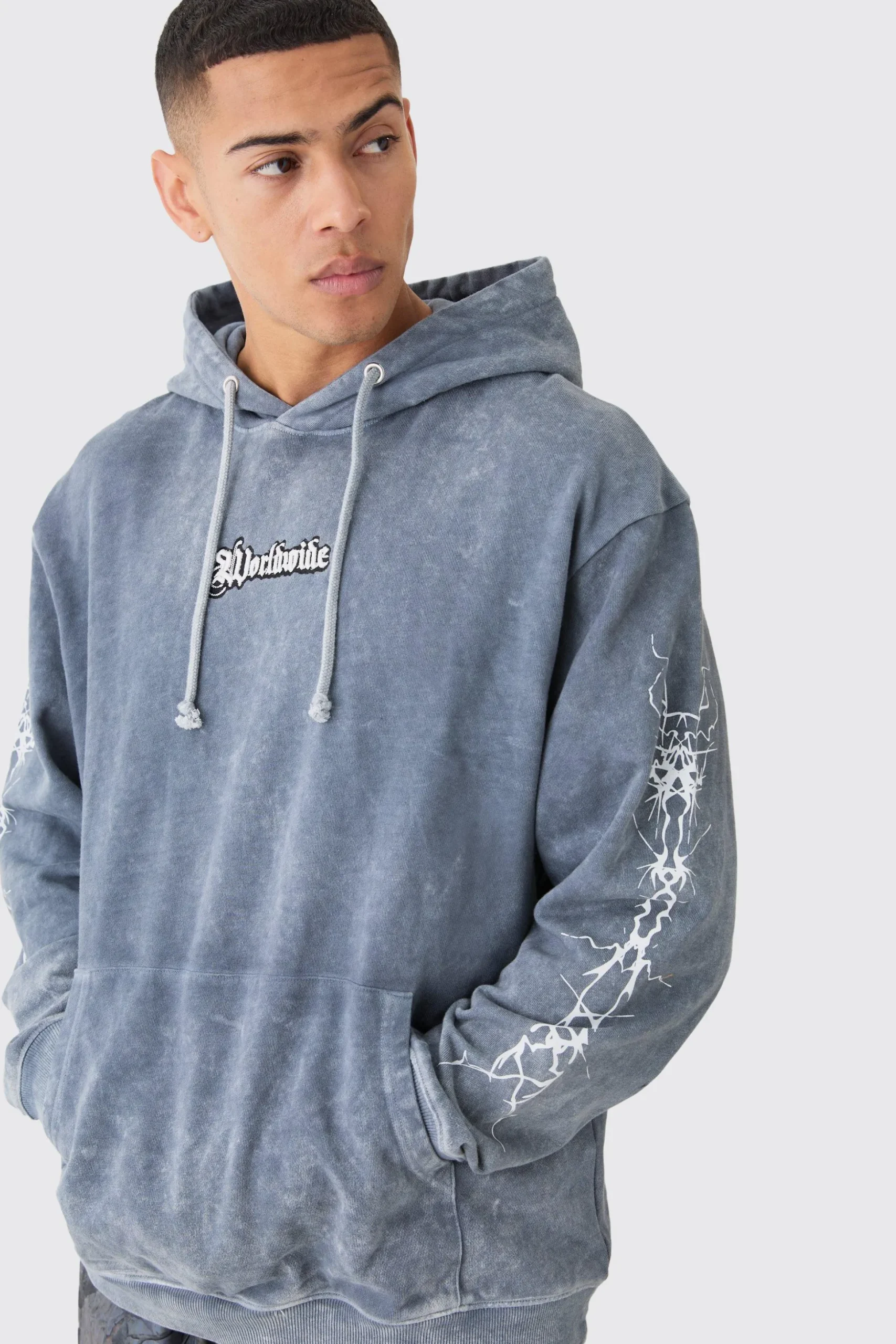 Oversized Acid Wash Embroidered Wing Graphic Hoodie | BoohooMAN UK