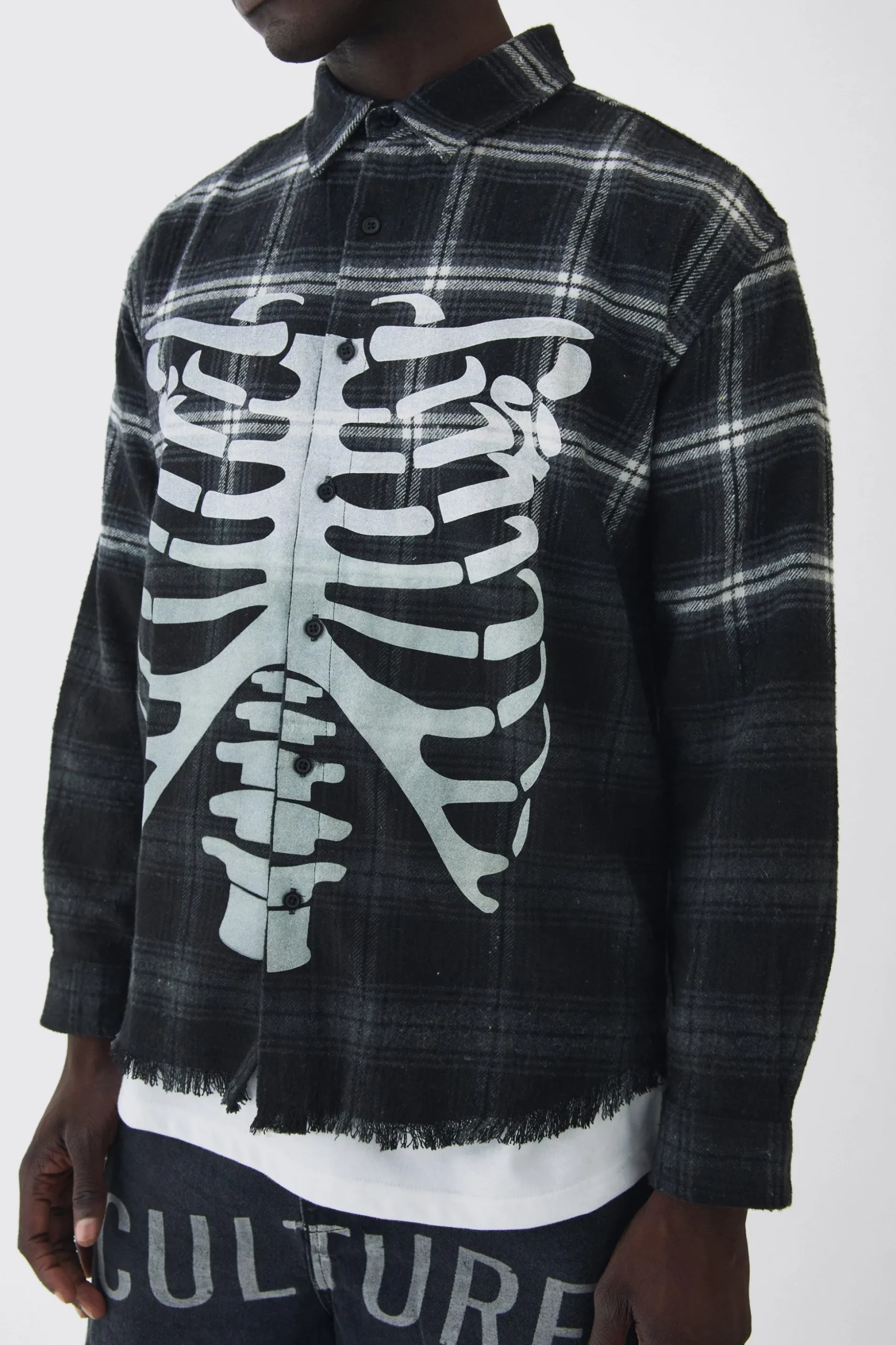 Oversized Acid Wash Ribcage Print Check Shirt | BoohooMAN UK