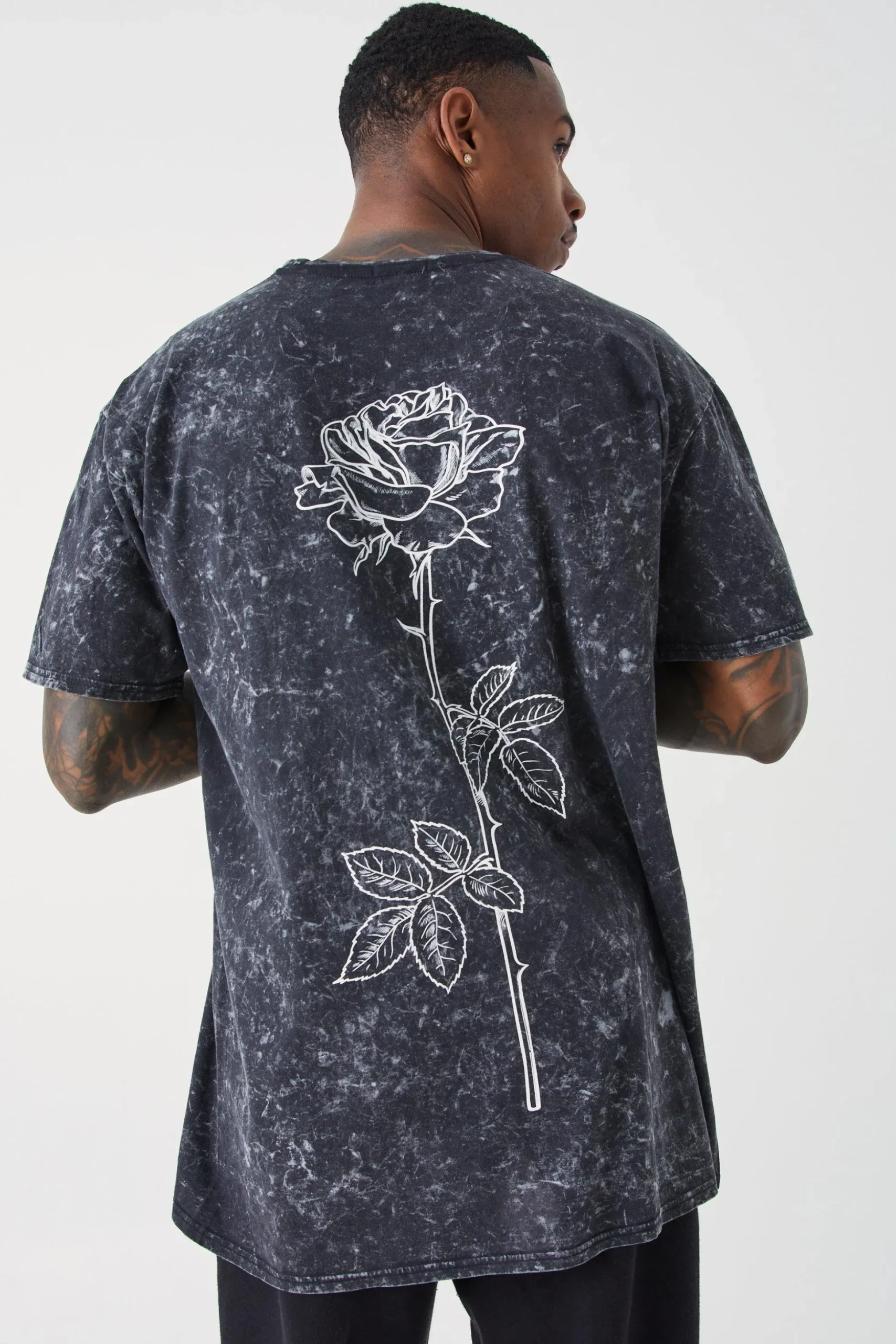 Oversized Acid Wash Rose Stem Print T-shirt | BoohooMAN UK