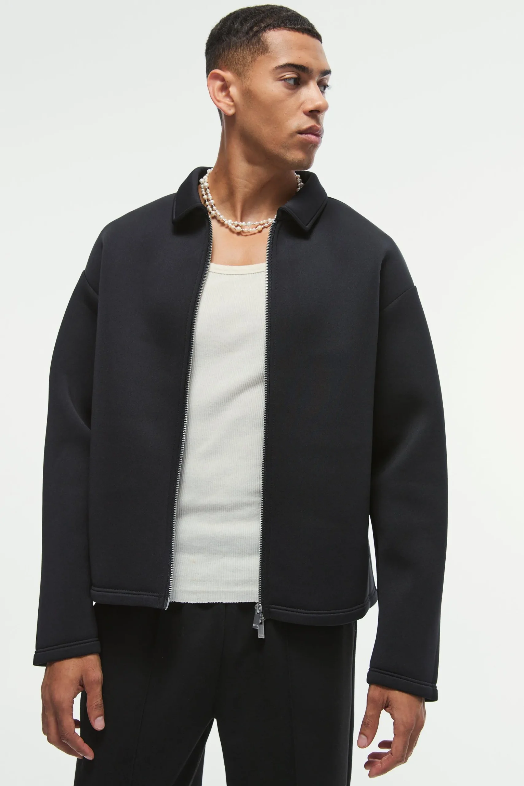 Oversized Bonded Scuba Zip Through Overshirt | BoohooMAN UK
