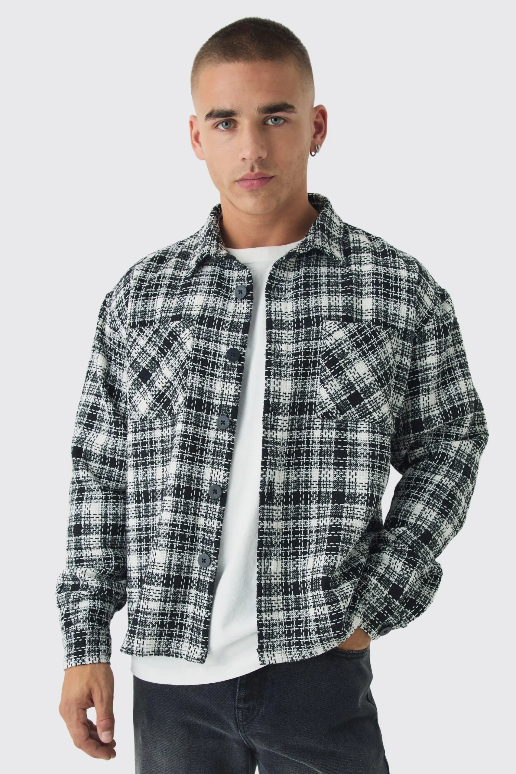 Oversized Boucle Check Overshirt | BoohooMAN UK