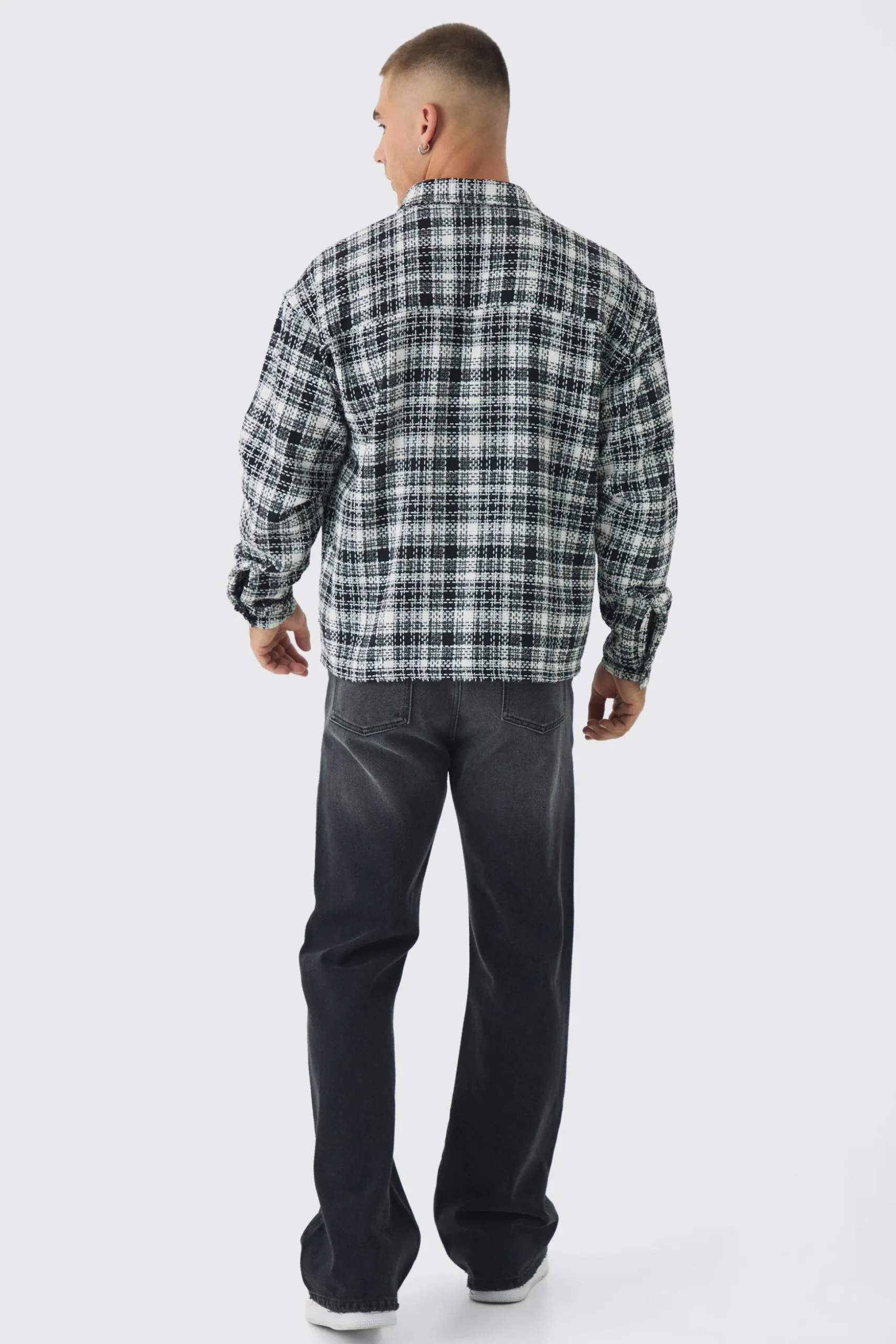 Oversized Boucle Check Overshirt | BoohooMAN UK