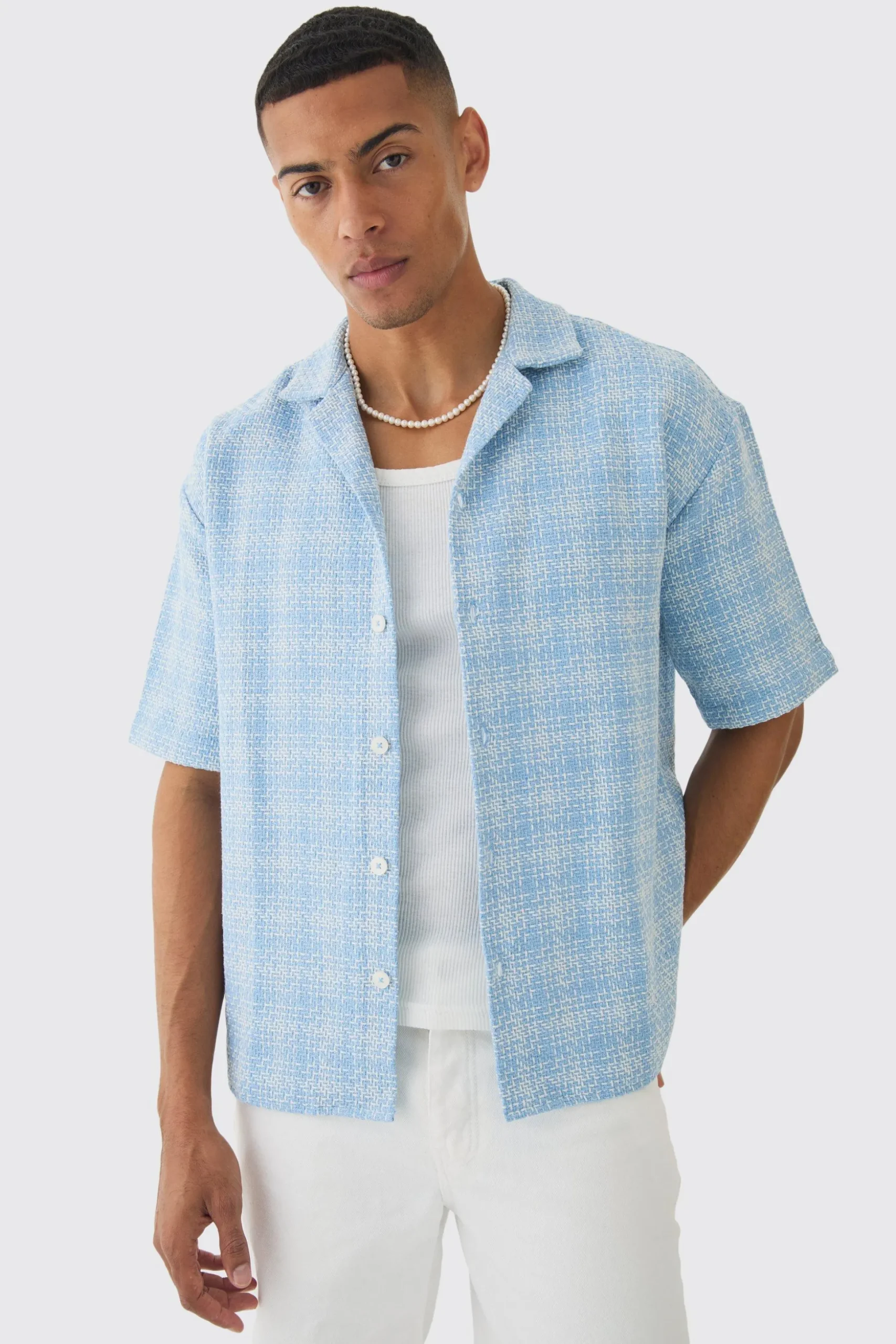 Oversized Boucle Check Short Sleeve Revere Shirt | BoohooMAN UK