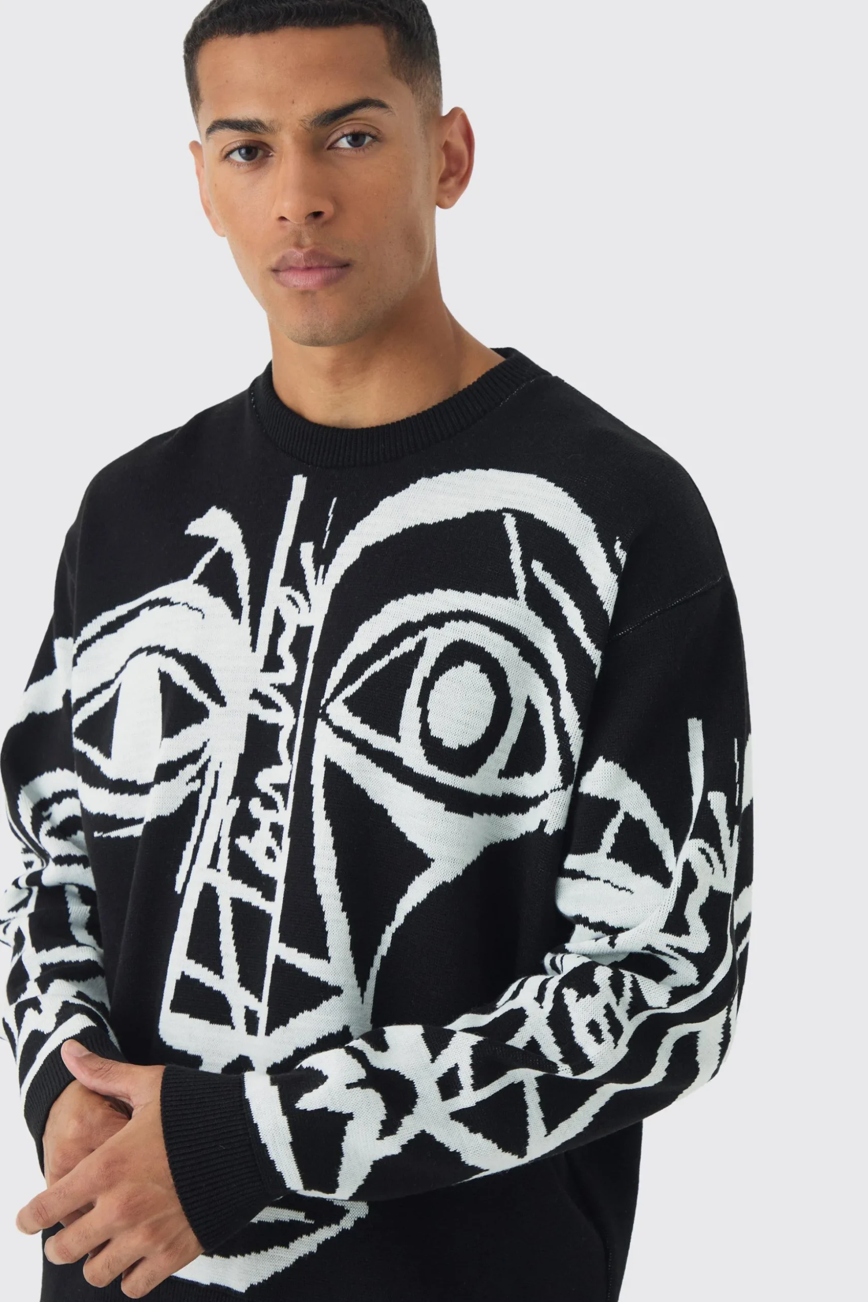 Oversized Boxy Abstract Line Face Knitted Jumper | BoohooMAN UK