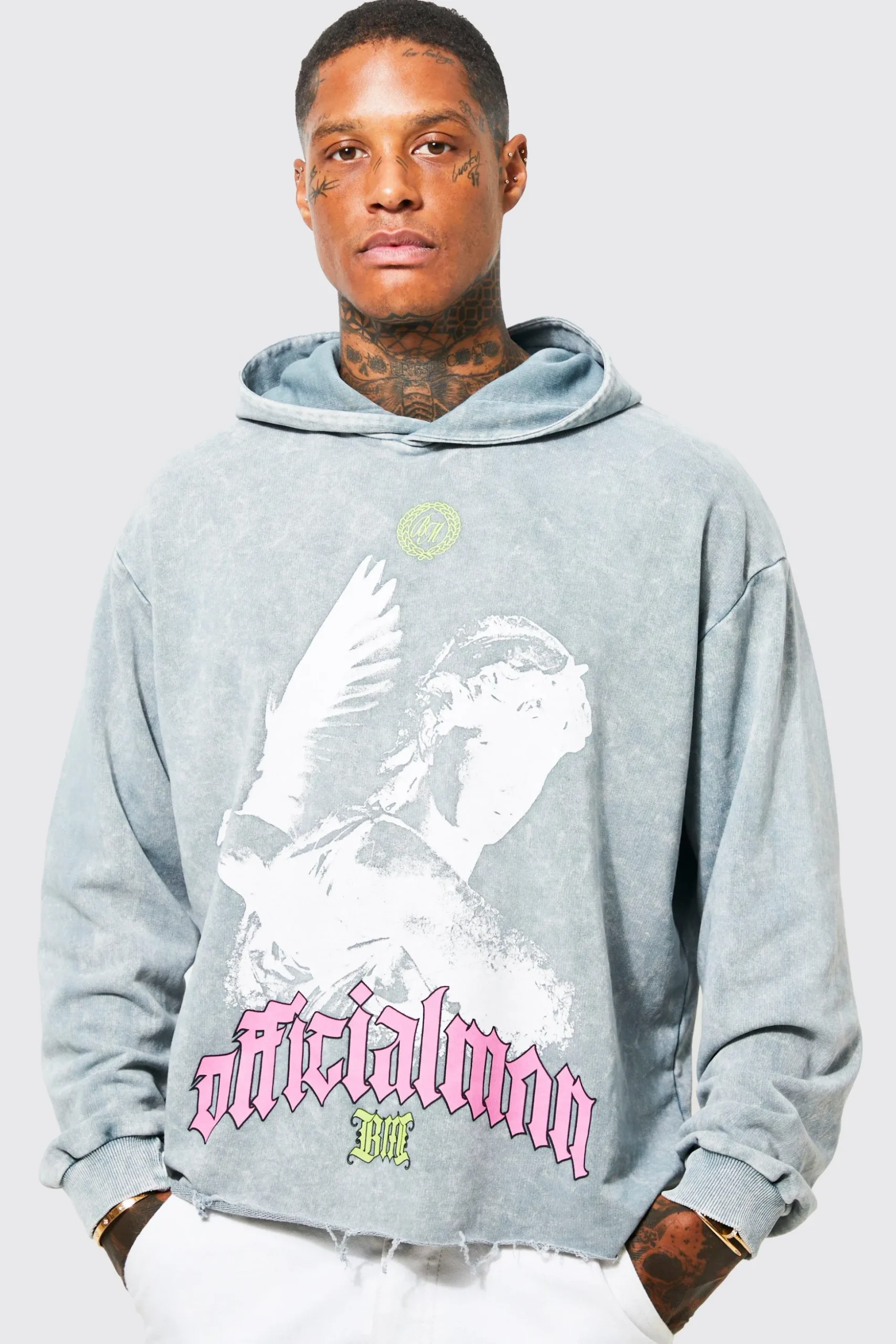 Oversized Boxy Acid Wash Dove Graphic Hoodie | BoohooMAN UK
