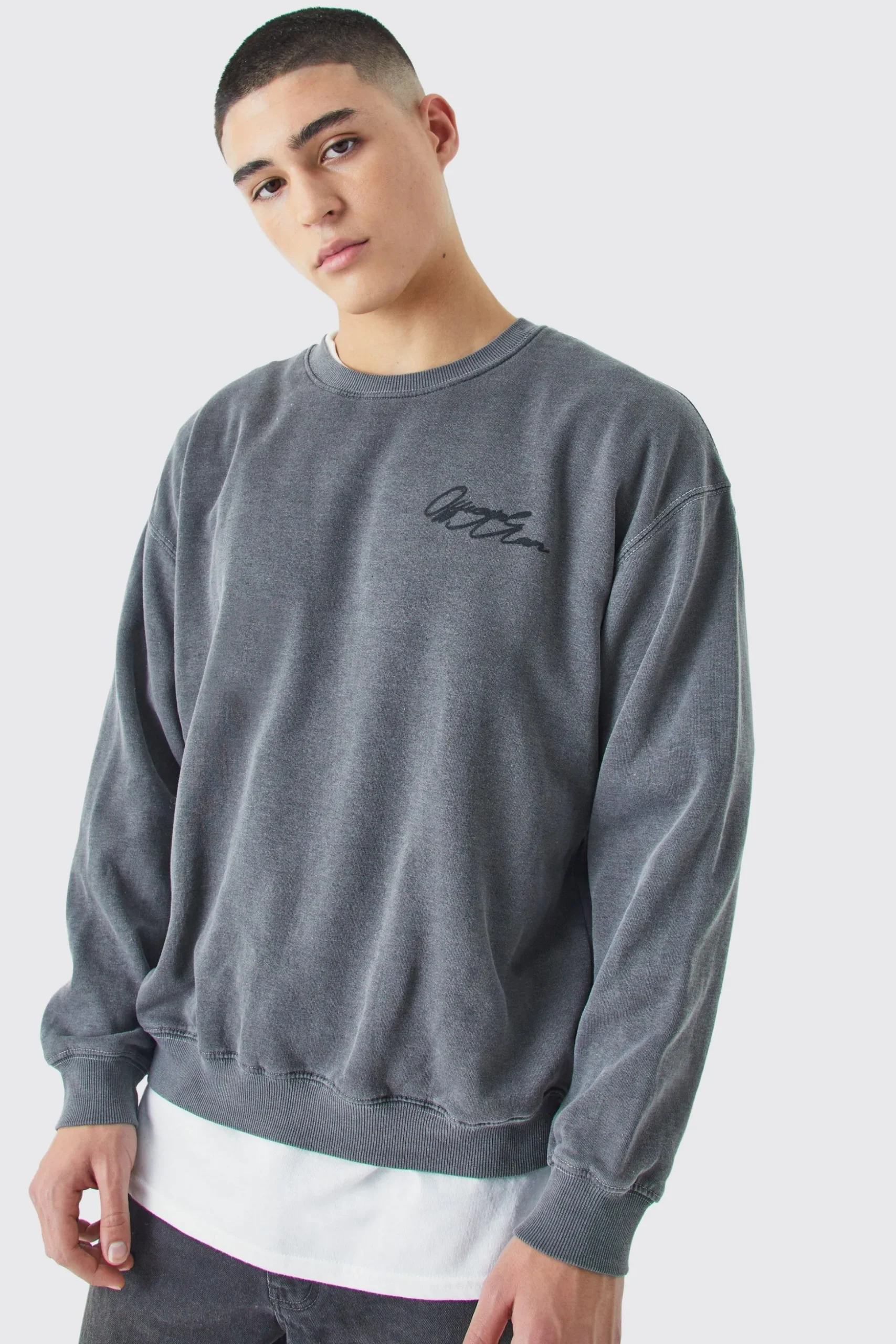 Oversized Boxy Acid Wash Man Graphic Sweatshirt | BoohooMAN UK