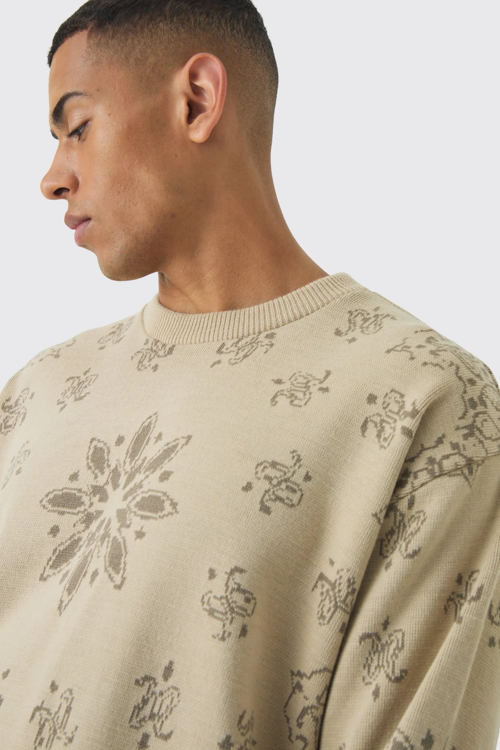 Oversized Boxy Bandana Print Knitted Jumper | BoohooMAN UK
