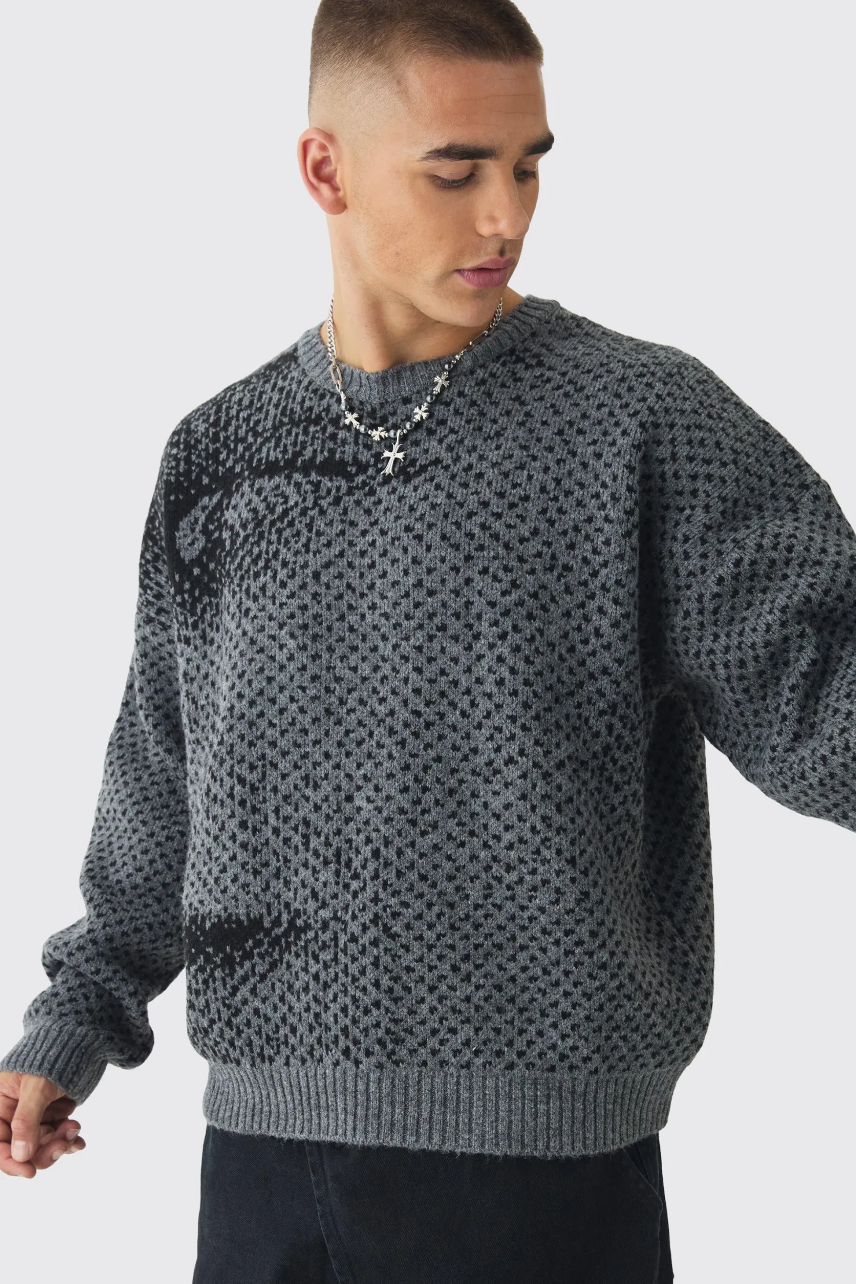 Oversized Boxy Brushed Face All Over Jacquard Jumper | BoohooMAN UK