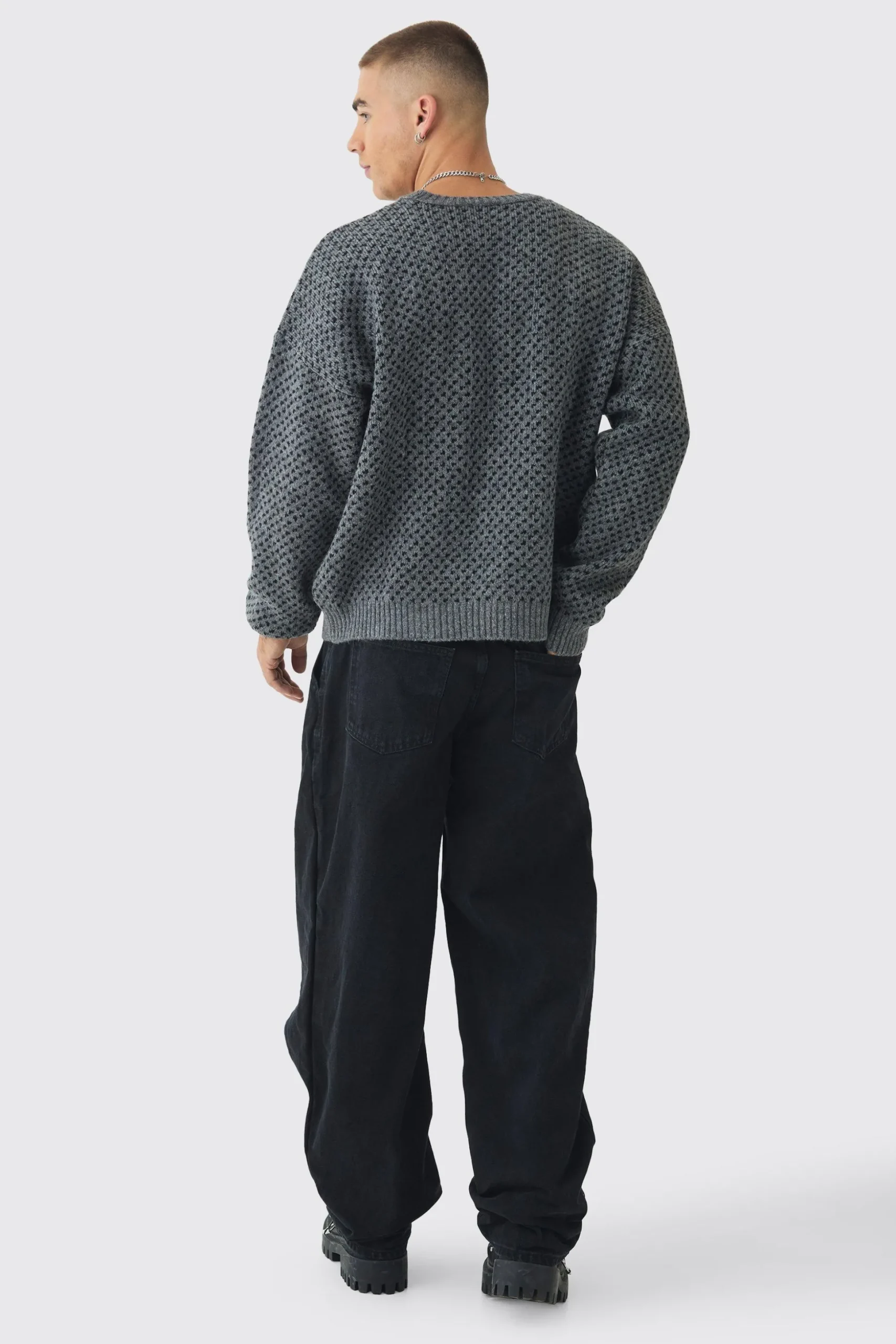 Oversized Boxy Brushed Face All Over Jacquard Jumper | BoohooMAN UK