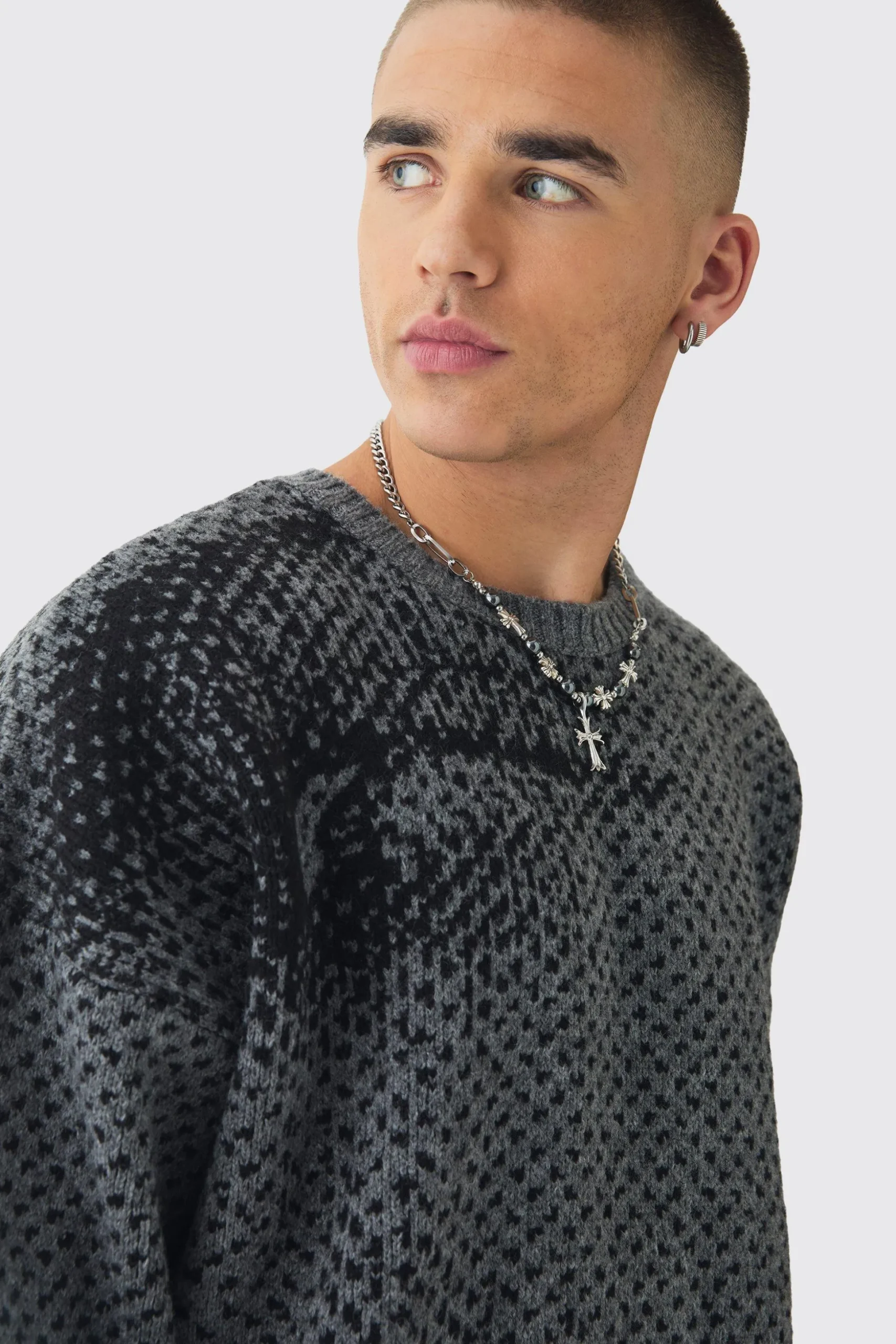 Oversized Boxy Brushed Face All Over Jacquard Jumper | BoohooMAN UK