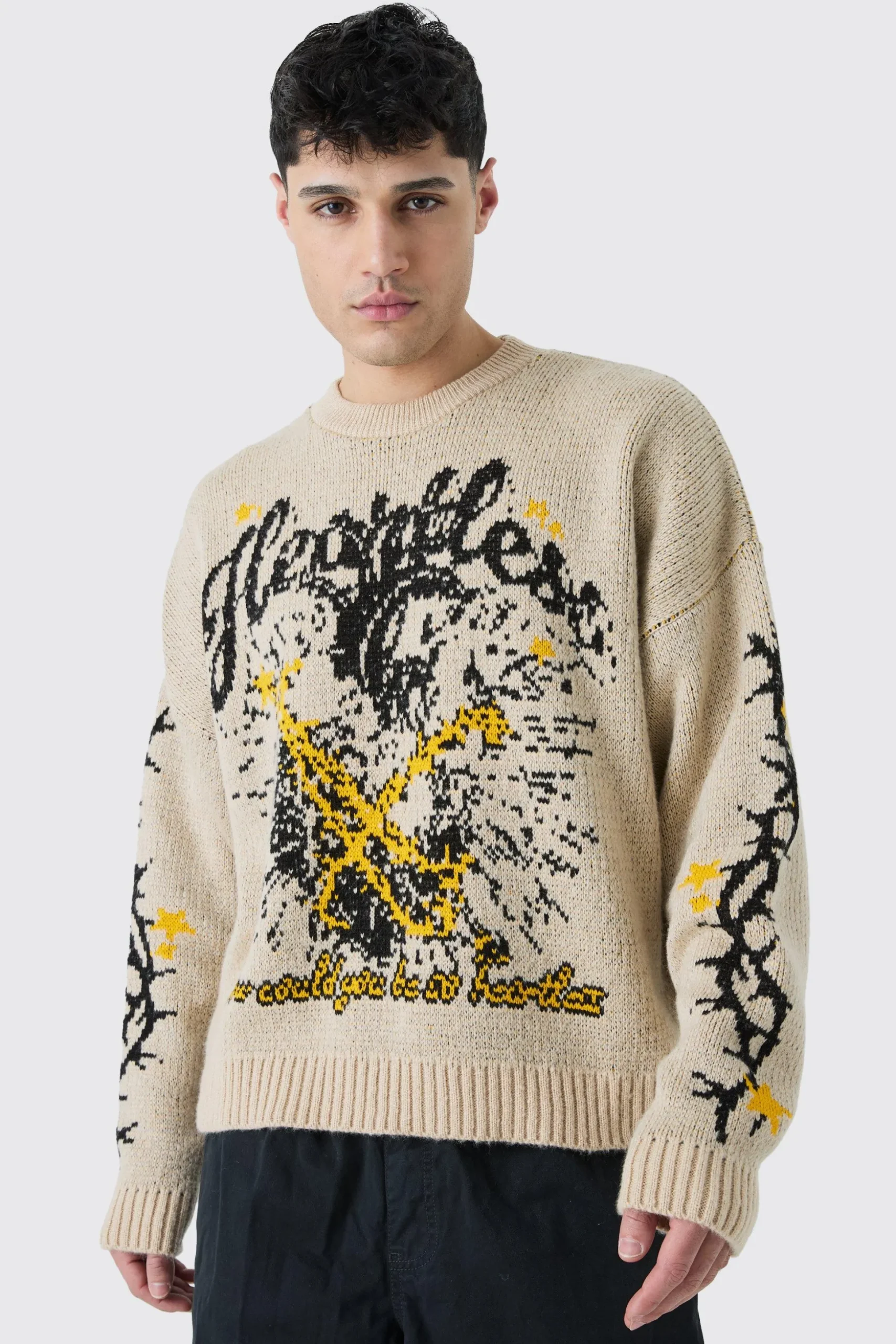 Oversized Boxy Brushed Graphic Knitted Jumper | BoohooMAN UK