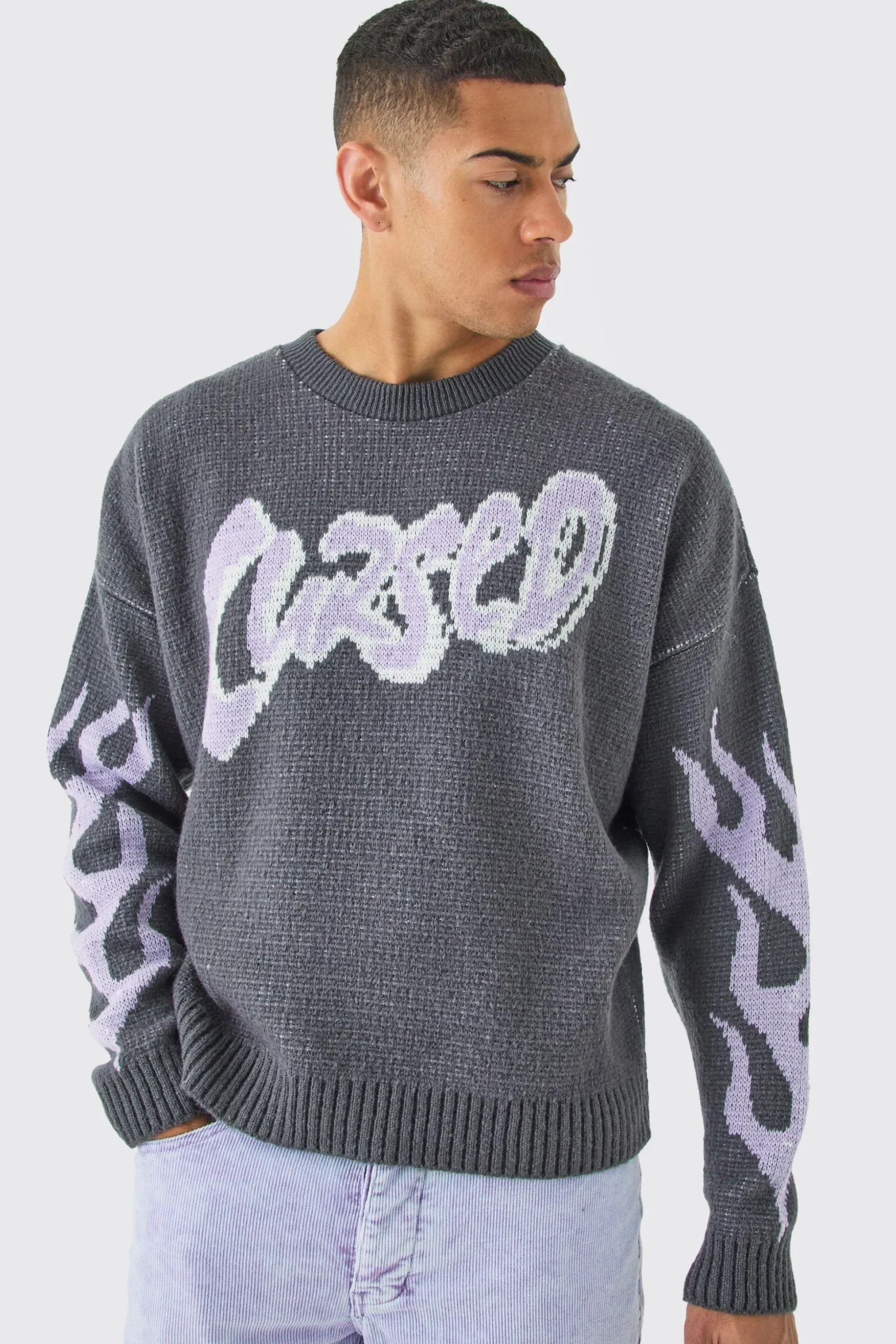Oversized Boxy Brushed Graphic Knitted Jumper | BoohooMAN UK
