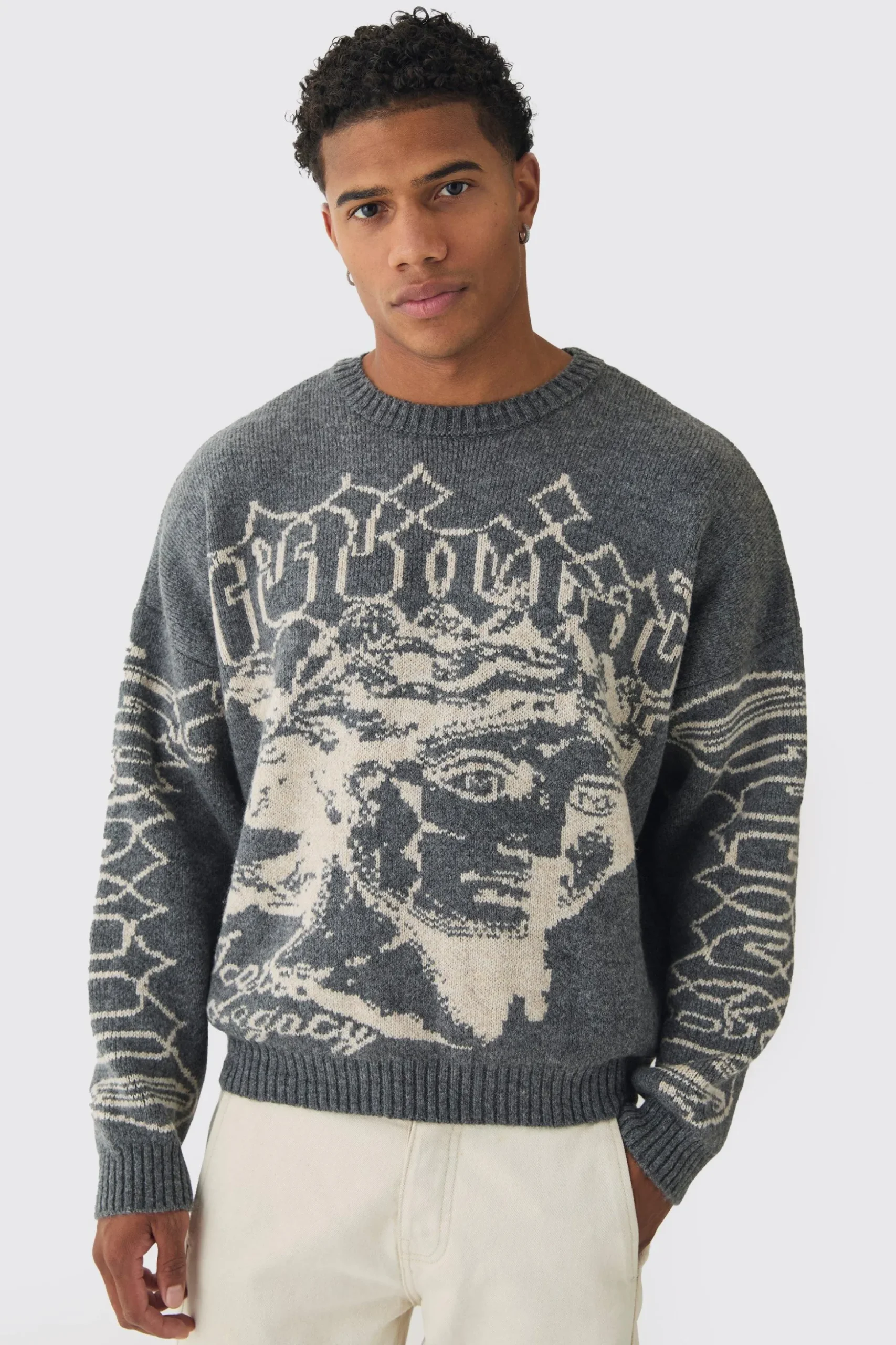 Oversized Boxy Brushed Mono Renaissance Knitted Jumper | BoohooMAN UK