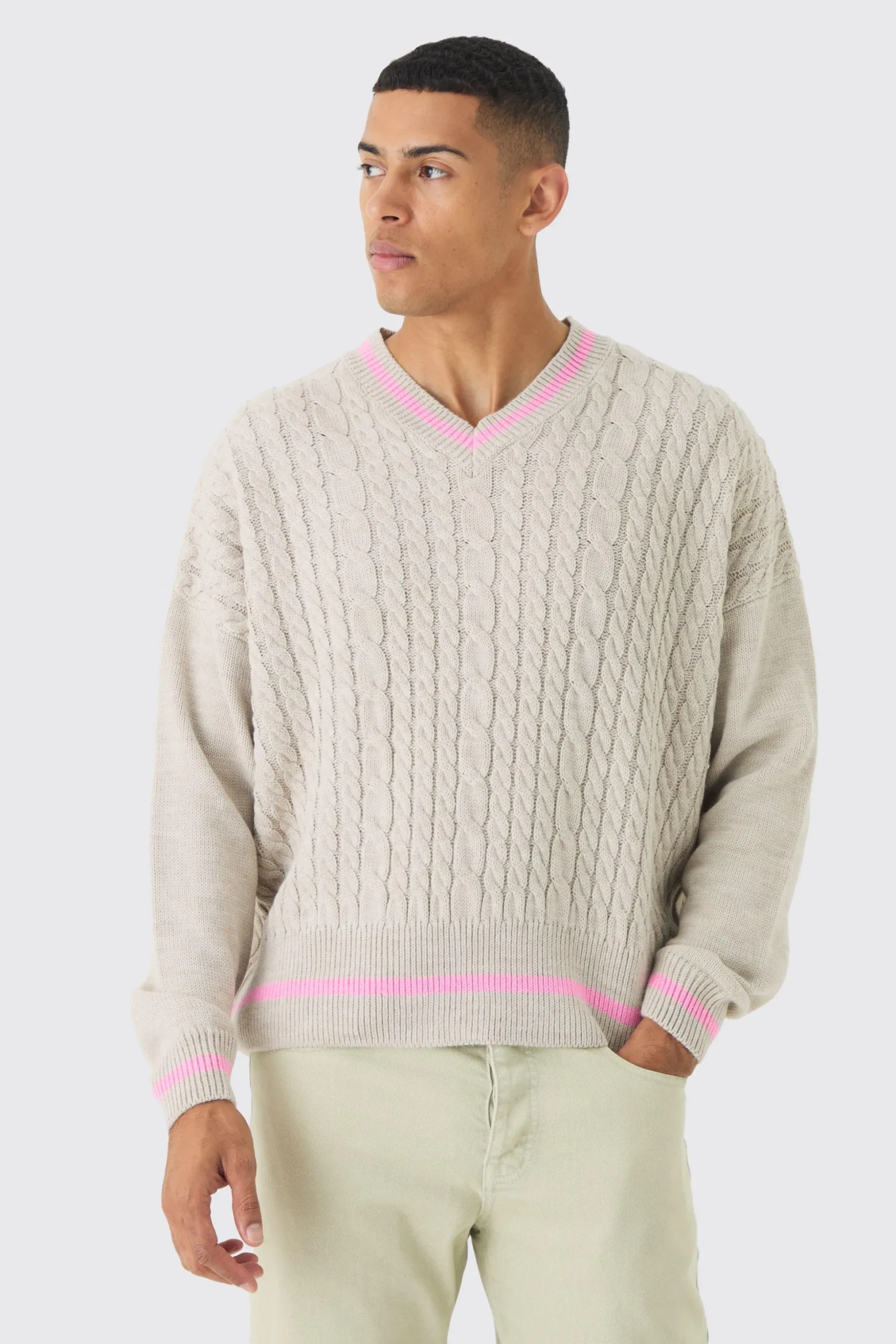 Oversized Boxy Cable Knit V Neck Jumper | BoohooMAN UK