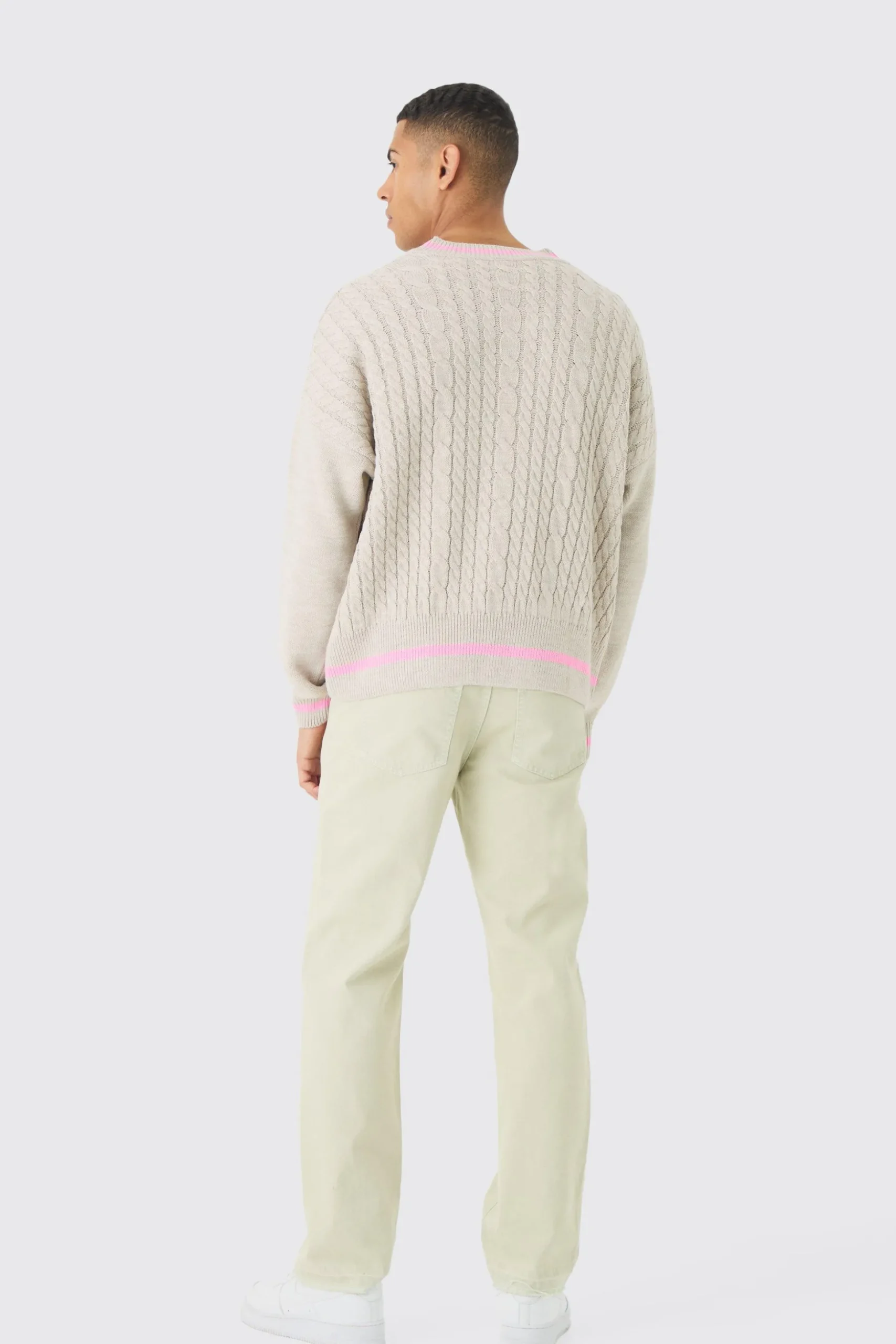 Oversized Boxy Cable Knit V Neck Jumper | BoohooMAN UK