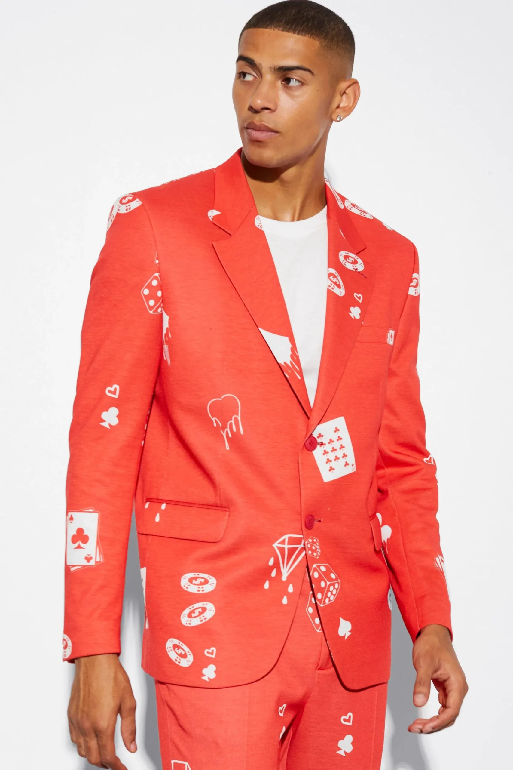 Oversized Boxy Card Print Suit Jacket | BoohooMAN UK